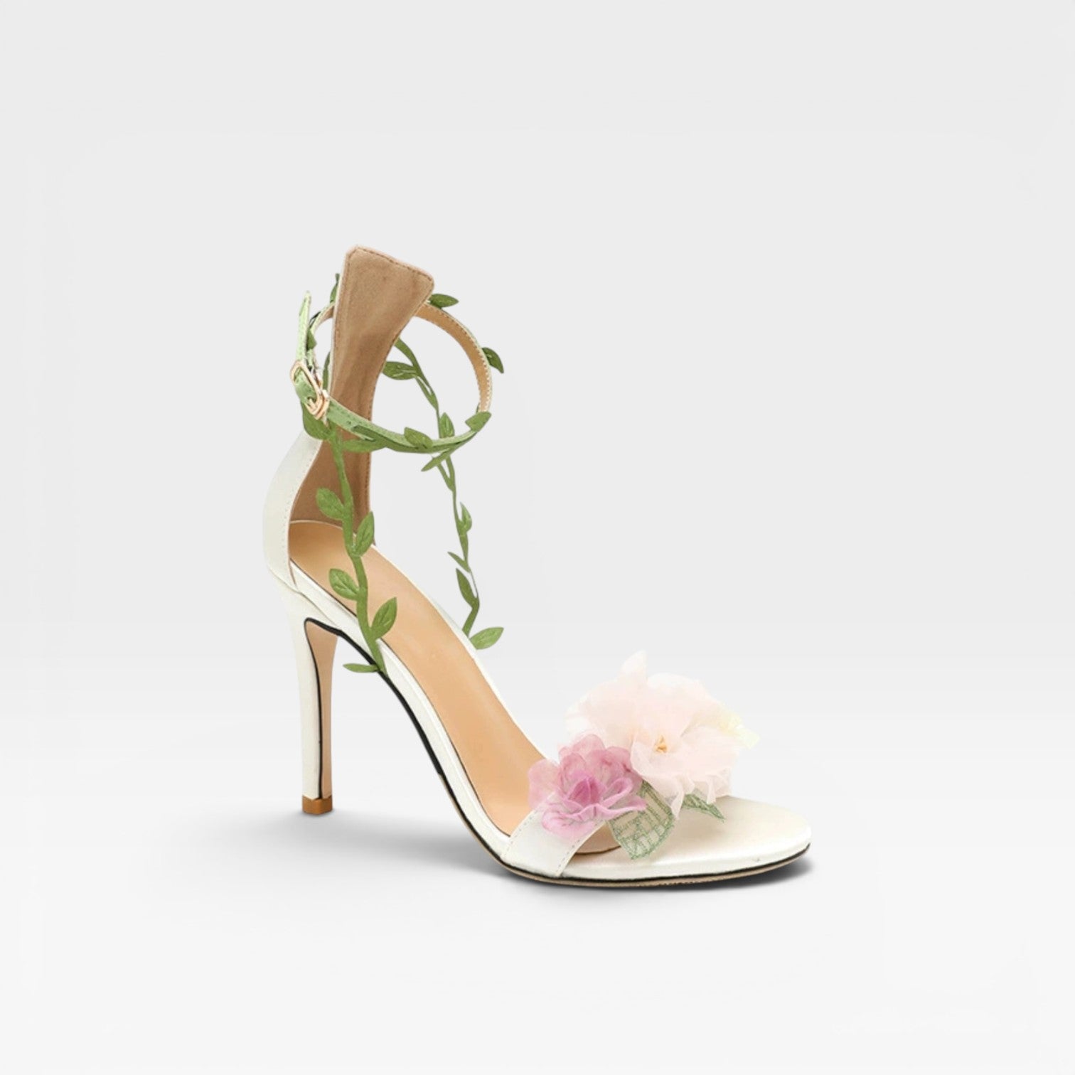 Damen Schaffell Kristall Blumen Absätze – Elegante Blattwickel Knöchel Stiletto Sandalen für besondere Anlässe