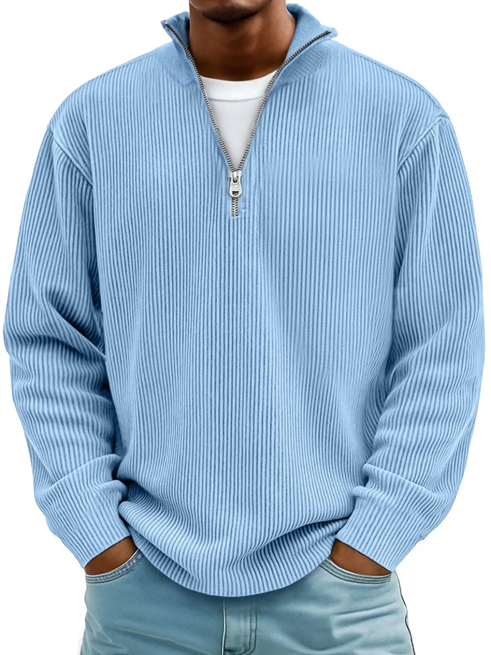 Herren Ripp Strickpullover mit Half-Zip – Pullover mit Stehkragen