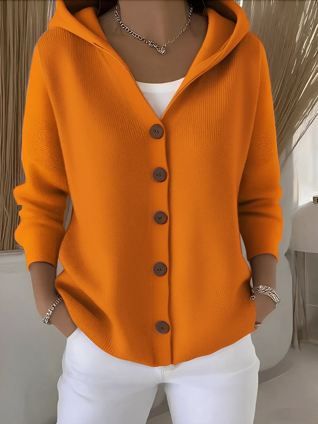 Damen Strickjacke mit Kapuze – Cardigan mit Knöpfen