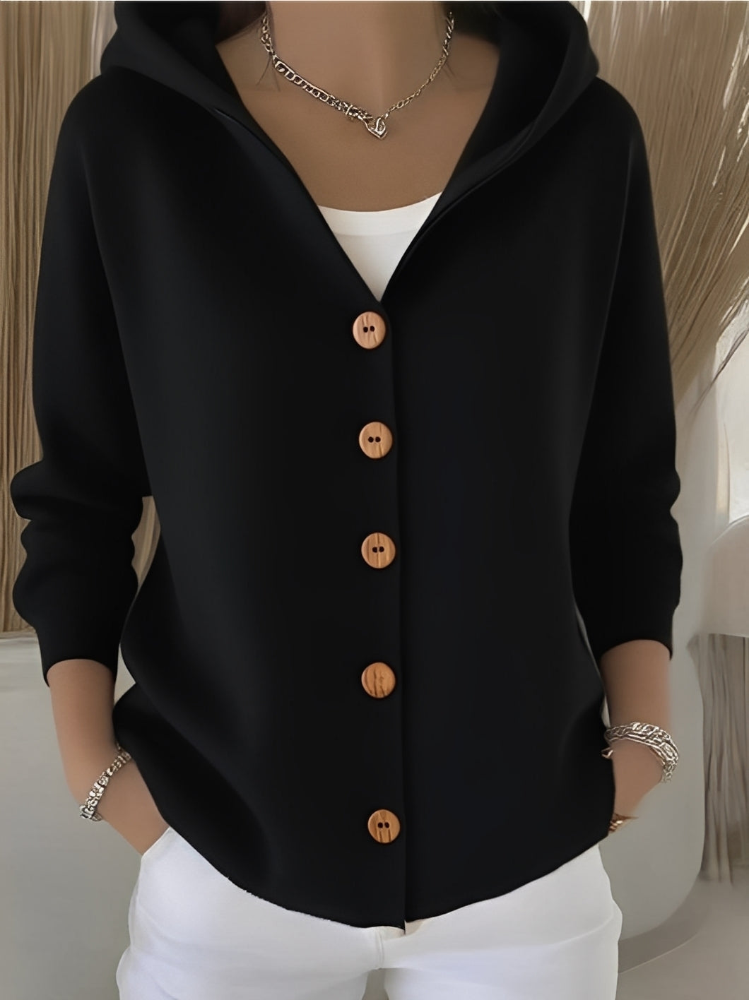 Damen Strickjacke mit Kapuze – Cardigan mit Knöpfen