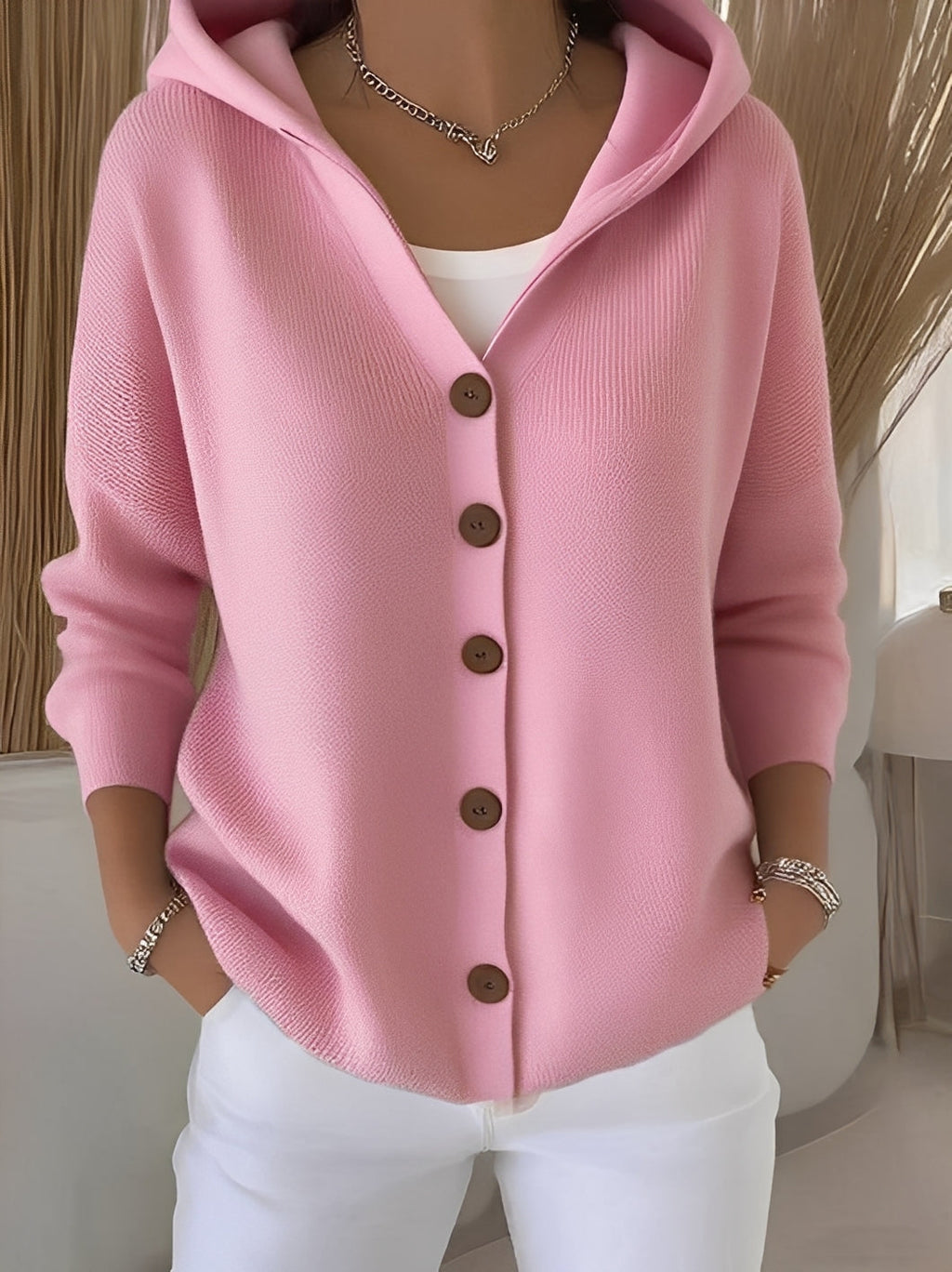 Damen Strickjacke mit Kapuze – Cardigan mit Knöpfen