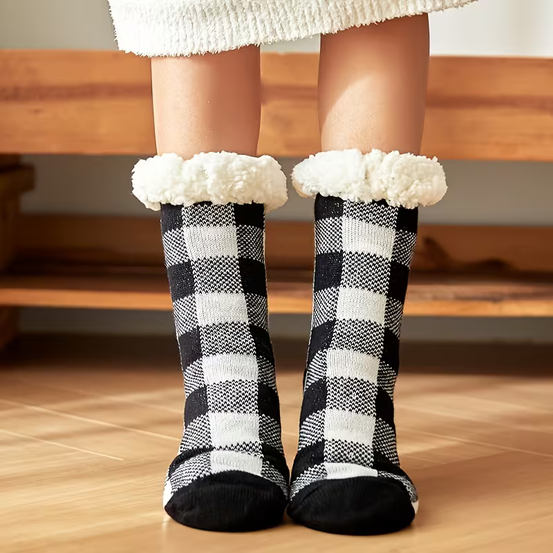 Unisex Karierte Thermosocken mit Kunstfellfutter