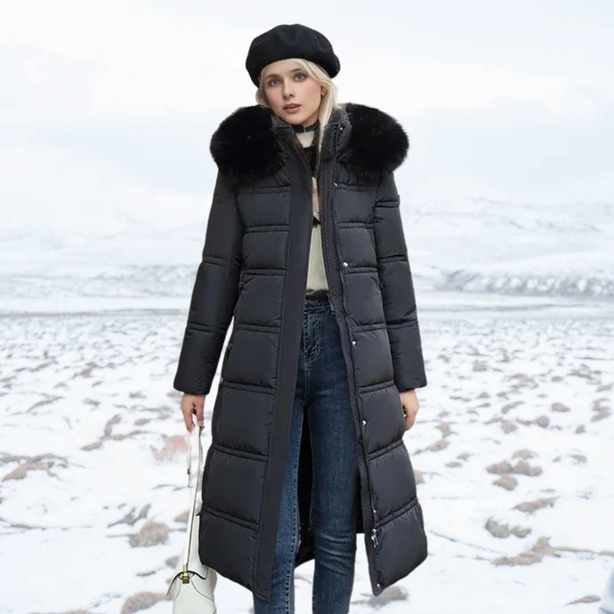 Damen Steppmantel mit Kapuze – Lange Winterjacke