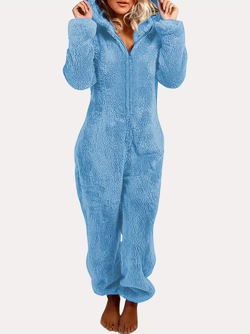 Damen Gemütlicher Fleece-Overall mit Bärenohren-Kapuze