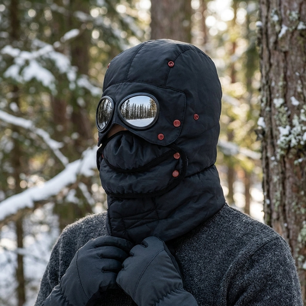 Unisex Mütze mit Ohrenschutz, Skibrille und abnehmbarer Maske