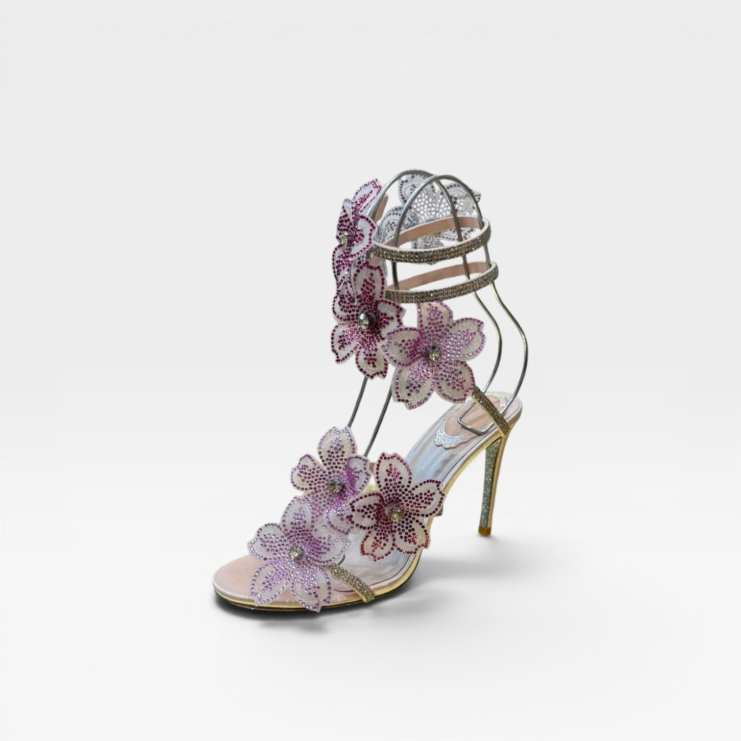 Damen Kristall Blumen Absätze – Elegante Orchideen Wickel-Stiletto Sandalen für besondere Anlässe