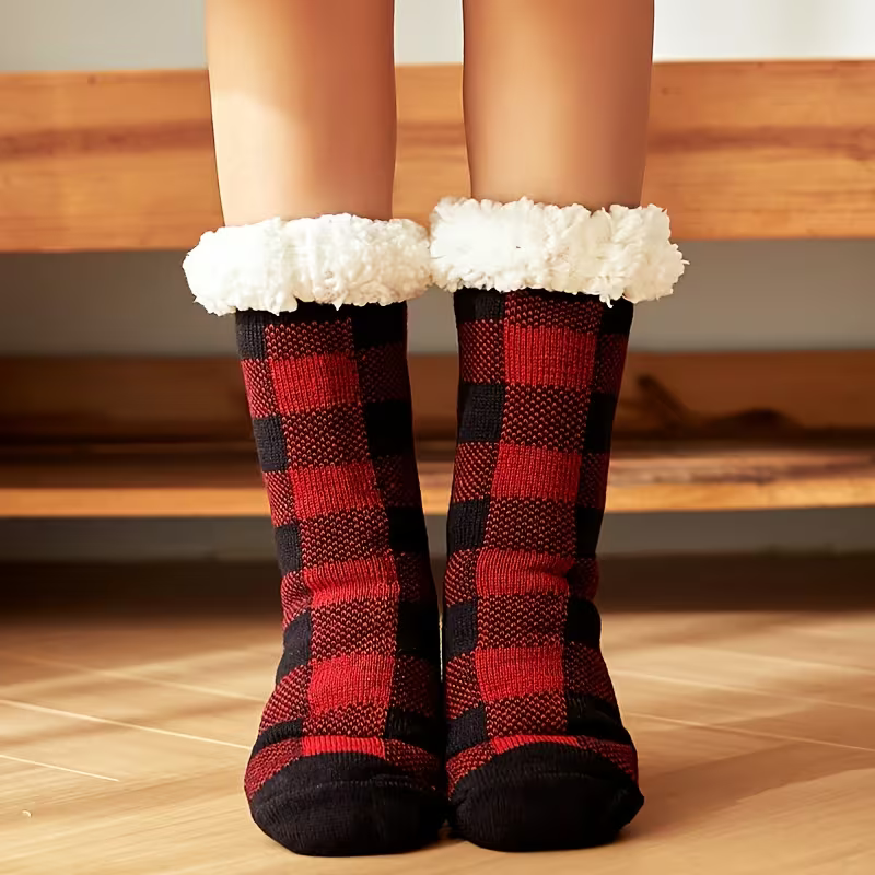 Unisex Karierte Thermosocken mit Kunstfellfutter