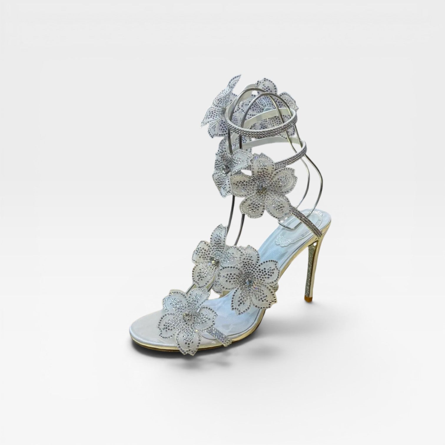 Damen Kristall Blumen Absätze – Elegante Orchideen Wickel-Stiletto Sandalen für besondere Anlässe