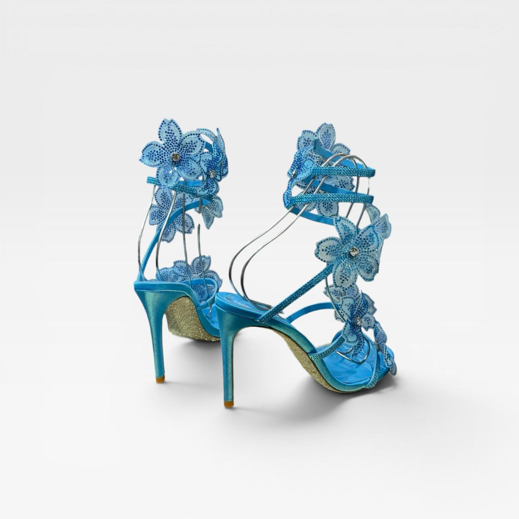Damen Kristall Blumen Absätze – Elegante Orchideen Wickel-Stiletto Sandalen für besondere Anlässe