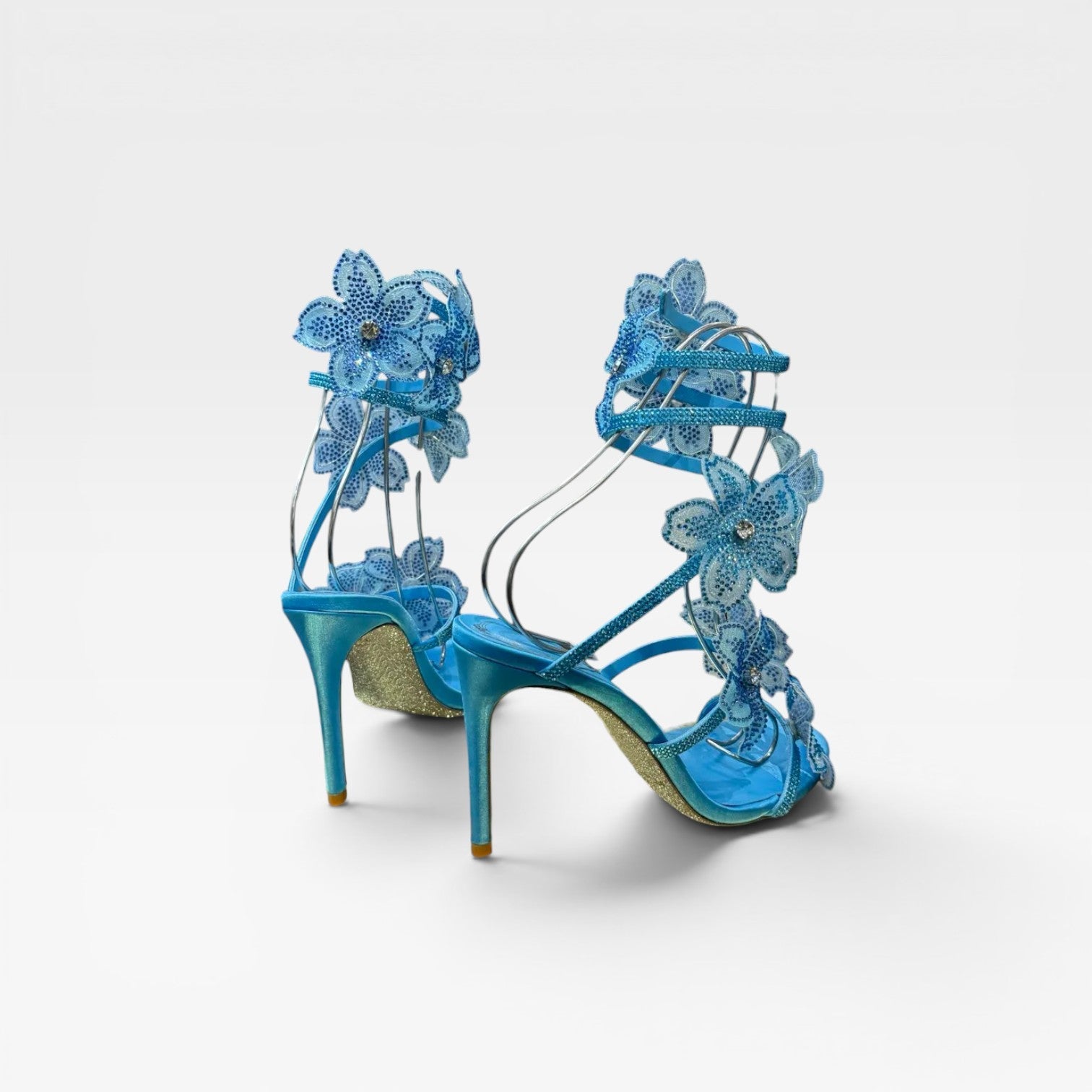 Damen Kristall Blumen Absätze – Elegante Orchideen Wickel-Stiletto Sandalen für besondere Anlässe