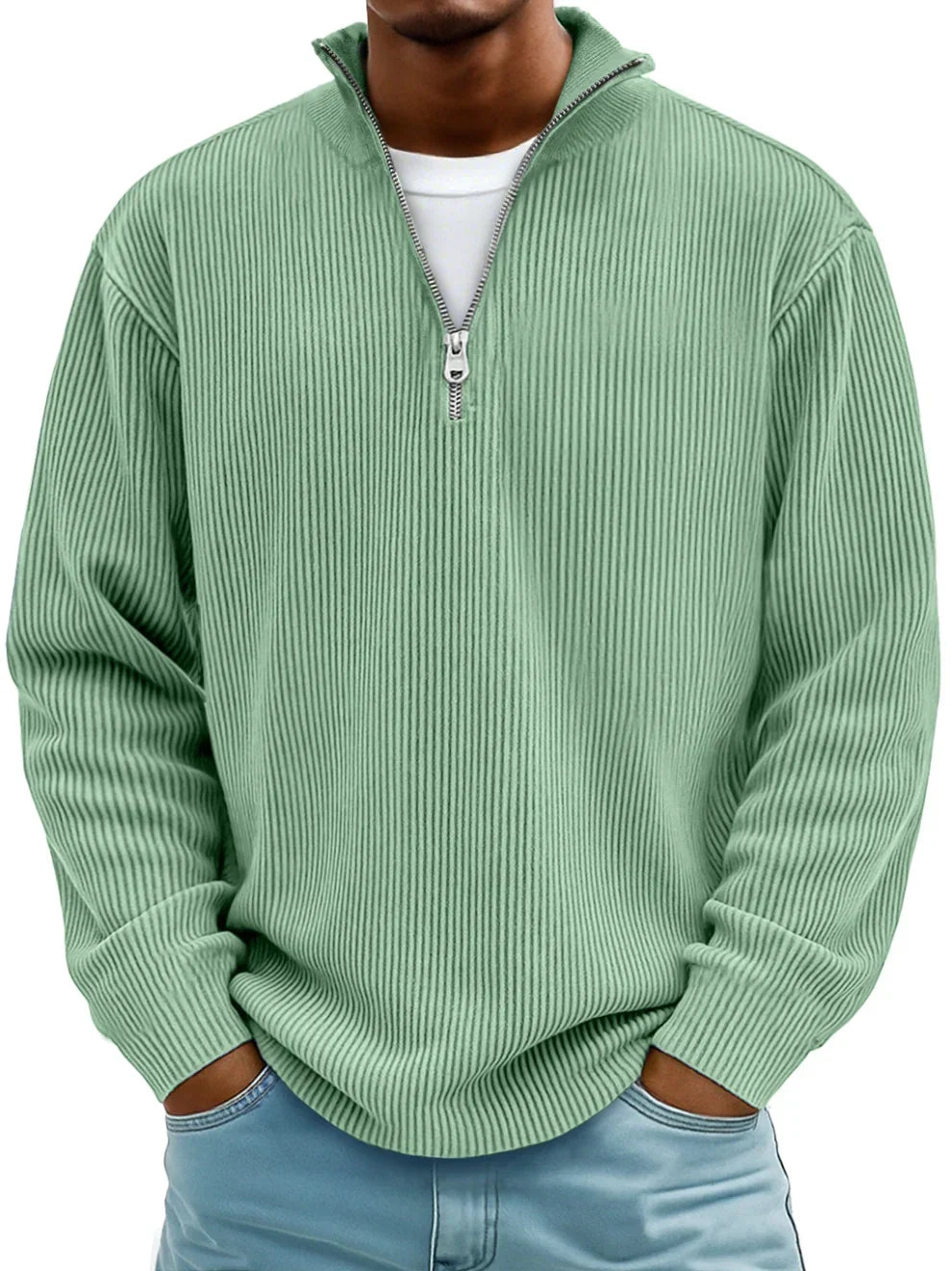 Herren Ripp Strickpullover mit Half-Zip – Pullover mit Stehkragen