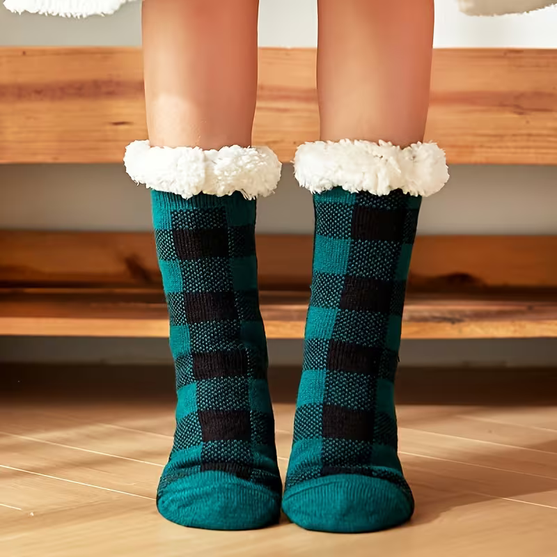 Unisex Karierte Thermosocken mit Kunstfellfutter