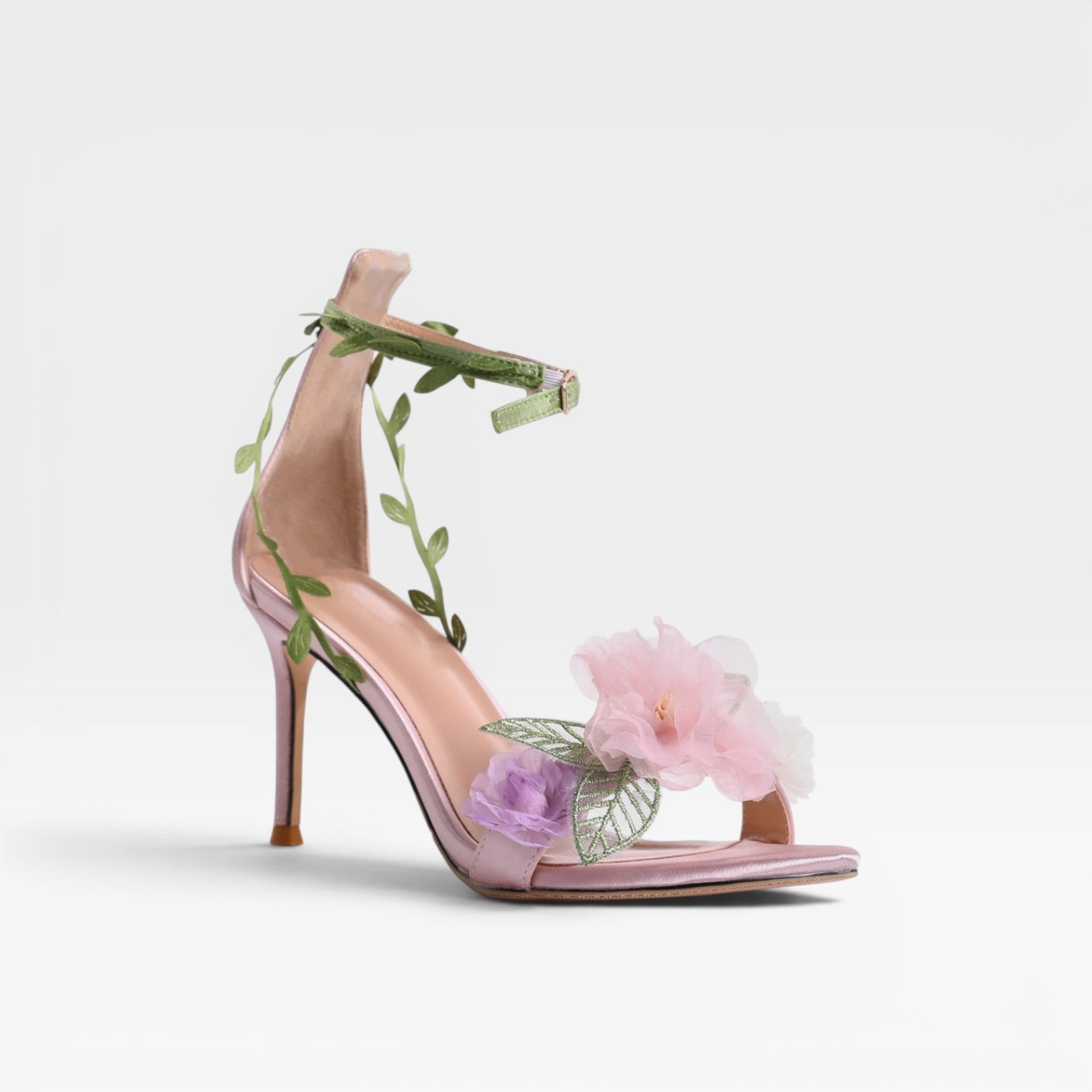 Damen Schaffell Kristall Blumen Absätze – Elegante Blattwickel Knöchel Stiletto Sandalen für besondere Anlässe