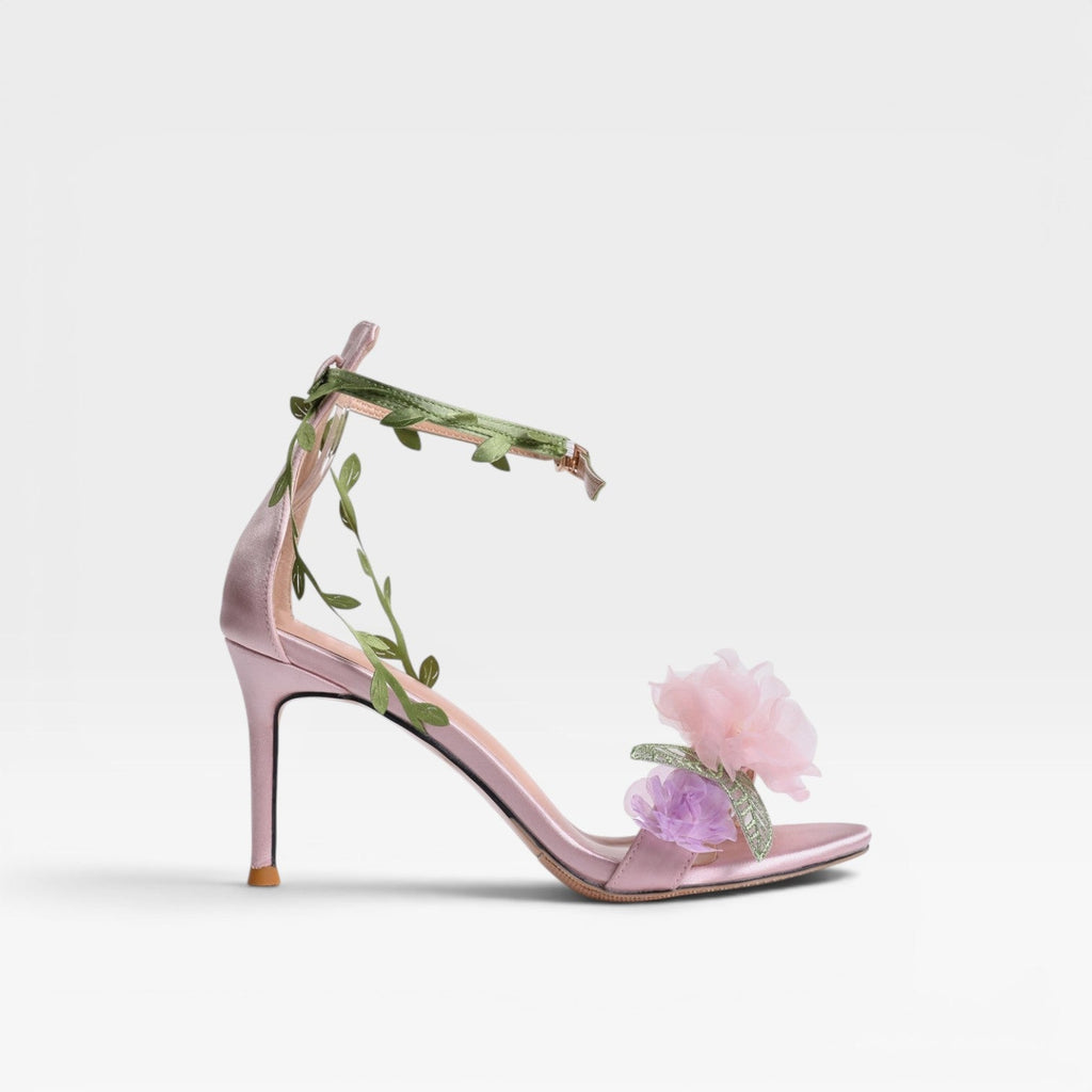 Damen Schaffell Kristall Blumen Absätze – Elegante Blattwickel Knöchel Stiletto Sandalen für besondere Anlässe