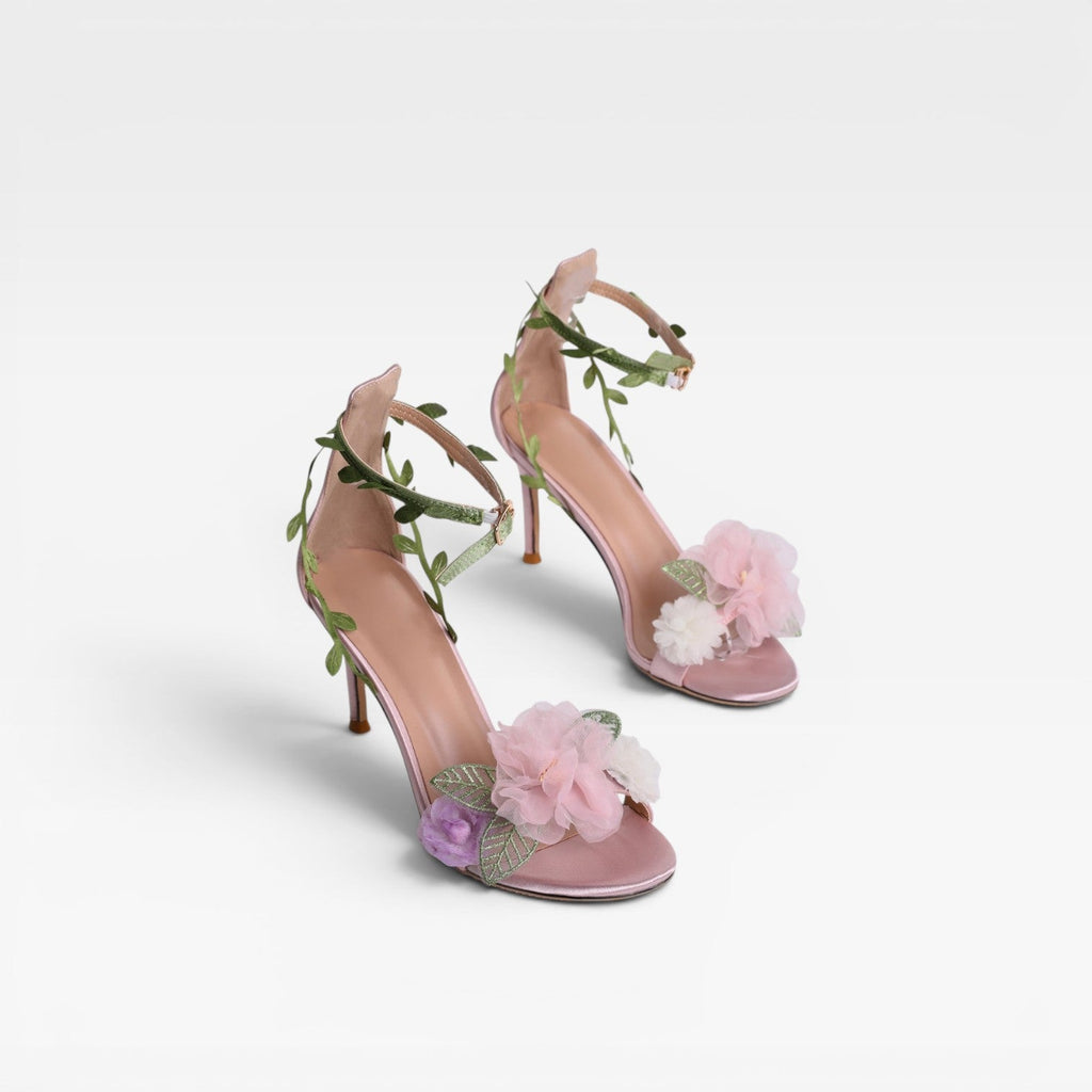 Damen Schaffell Kristall Blumen Absätze – Elegante Blattwickel Knöchel Stiletto Sandalen für besondere Anlässe