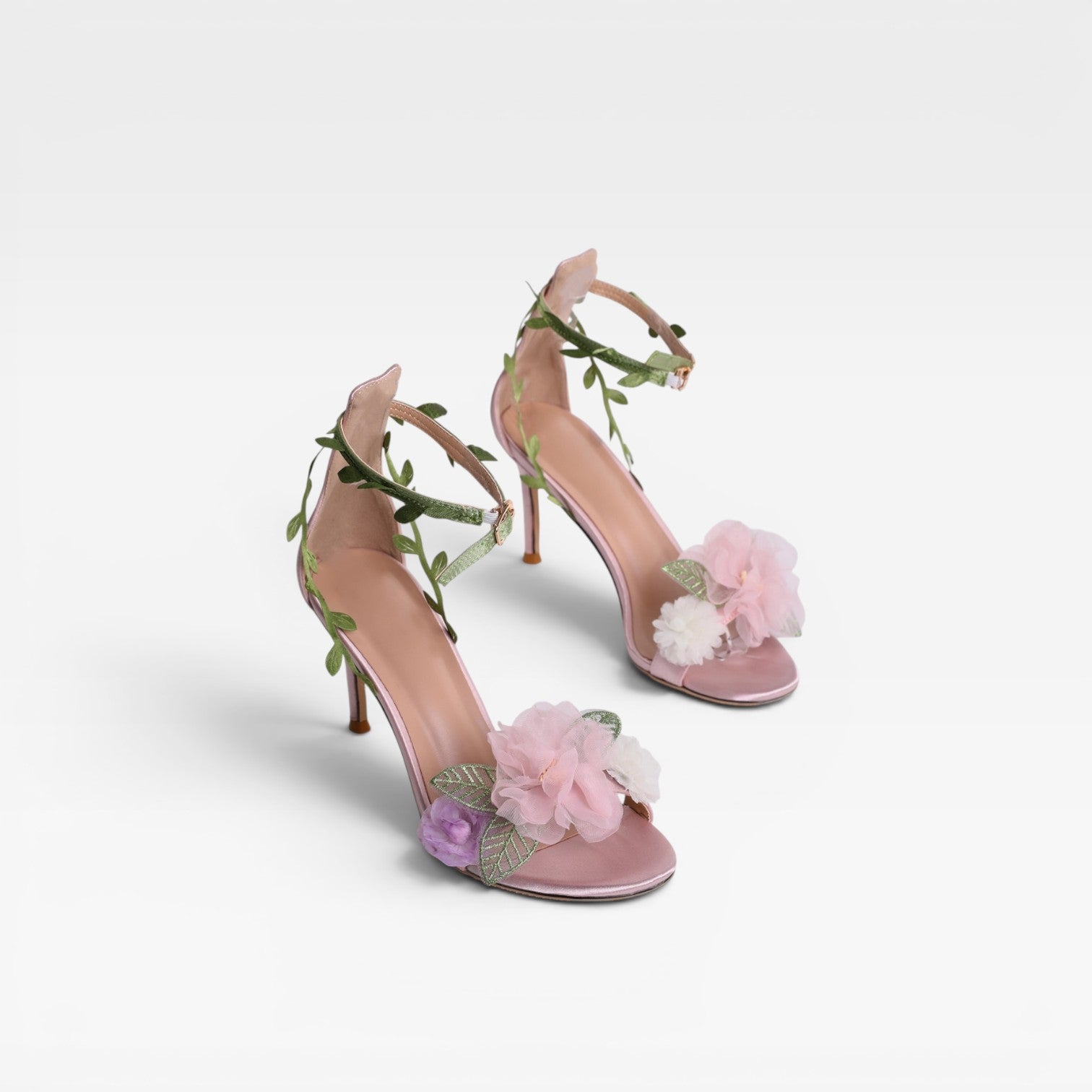 Damen Schaffell Kristall Blumen Absätze – Elegante Blattwickel Knöchel Stiletto Sandalen für besondere Anlässe