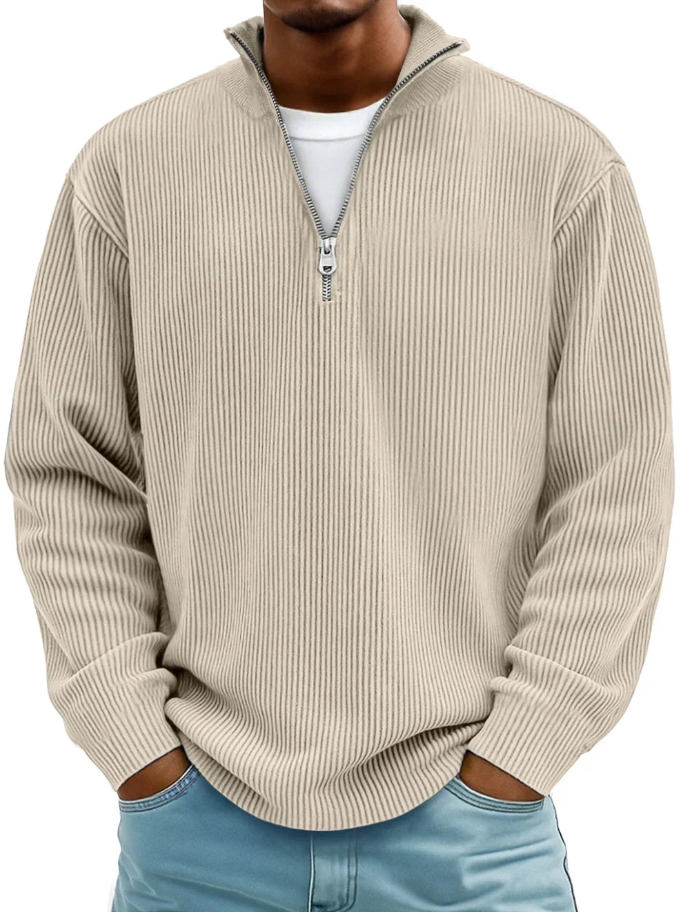 Herren Ripp Strickpullover mit Half-Zip – Pullover mit Stehkragen