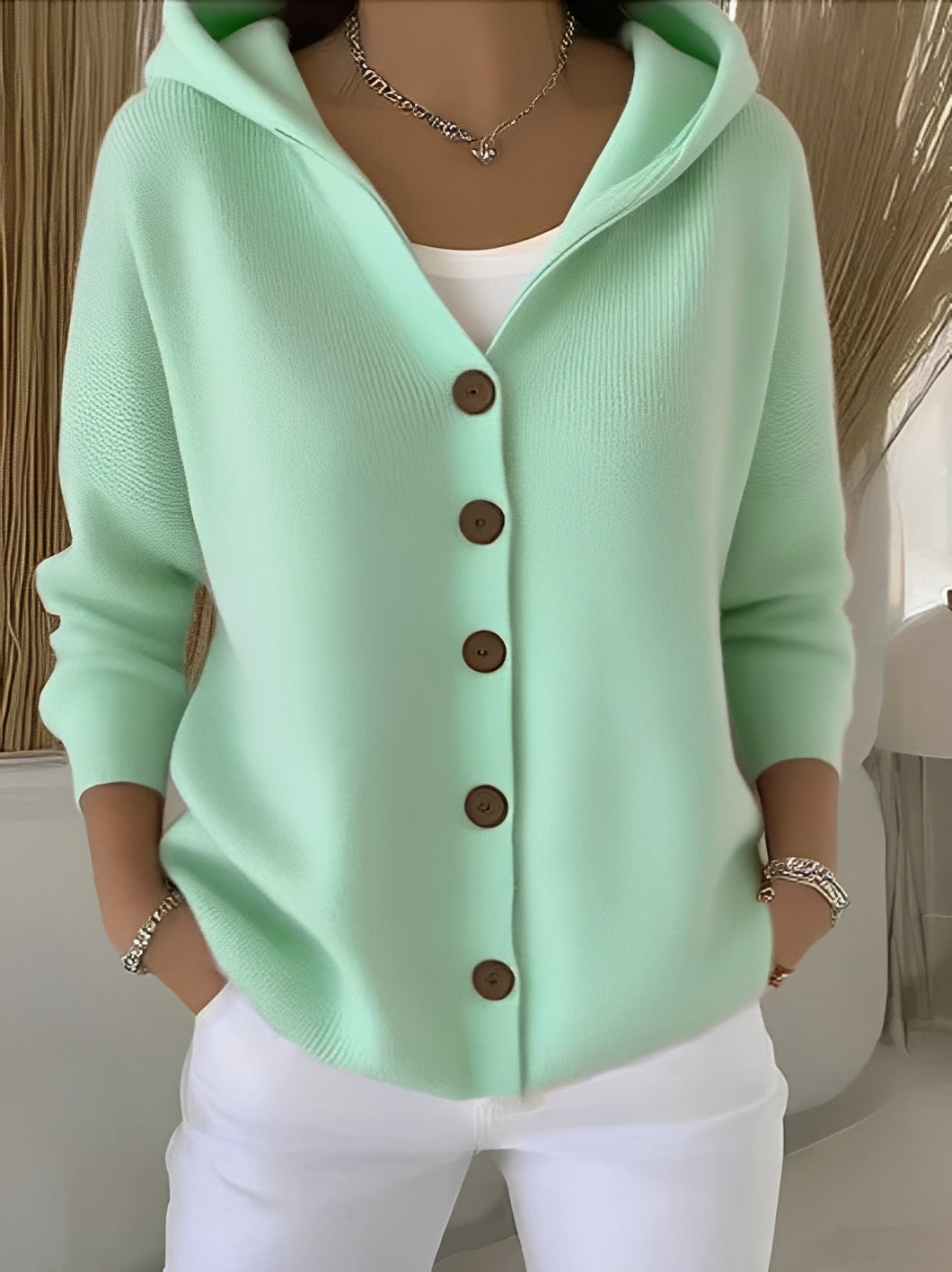 Damen Strickjacke mit Kapuze – Cardigan mit Knöpfen