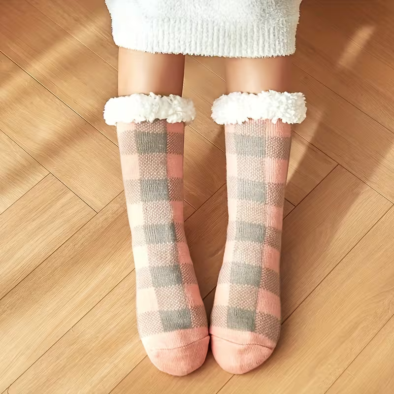 Unisex Karierte Thermosocken mit Kunstfellfutter