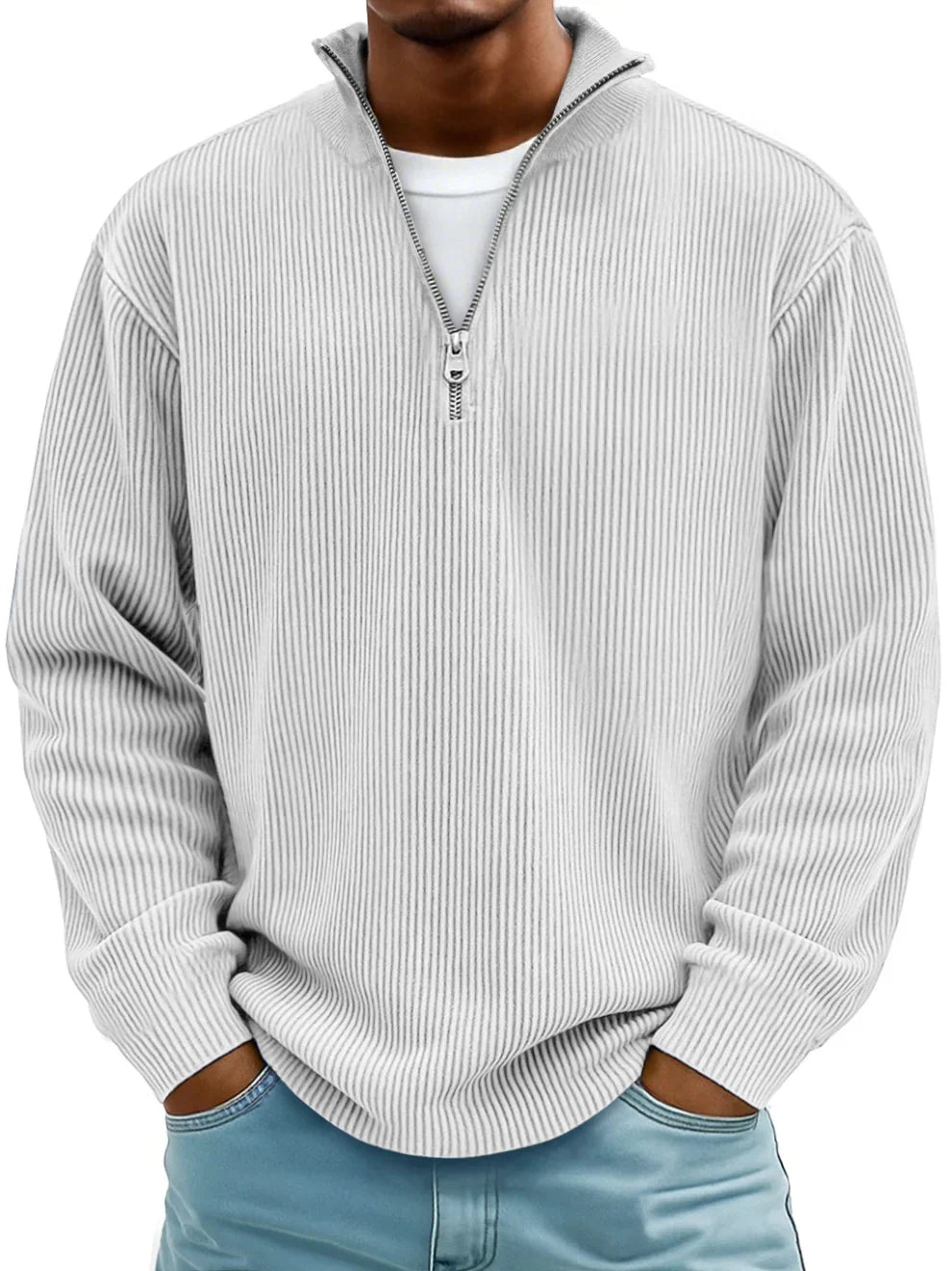 Herren Ripp Strickpullover mit Half-Zip – Pullover mit Stehkragen
