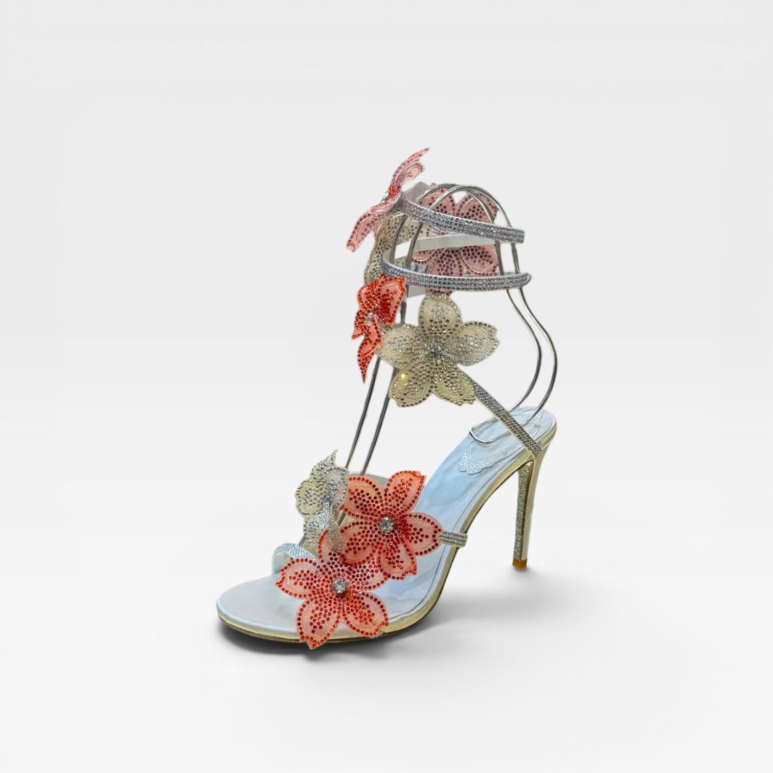 Damen Kristall Blumen Absätze – Elegante Orchideen Wickel-Stiletto Sandalen für besondere Anlässe