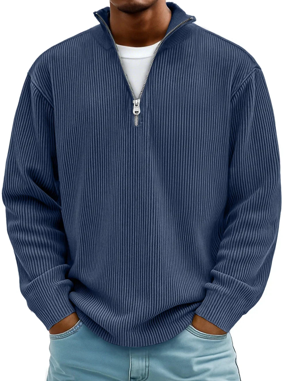 Herren Ripp Strickpullover mit Half-Zip – Pullover mit Stehkragen