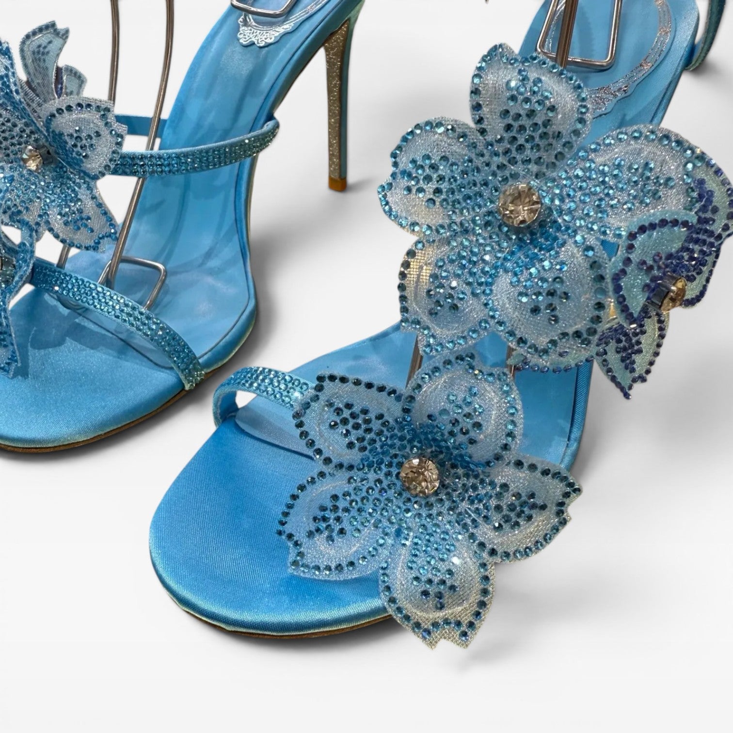 Damen Kristall Blumen Absätze – Elegante Orchideen Wickel-Stiletto Sandalen für besondere Anlässe