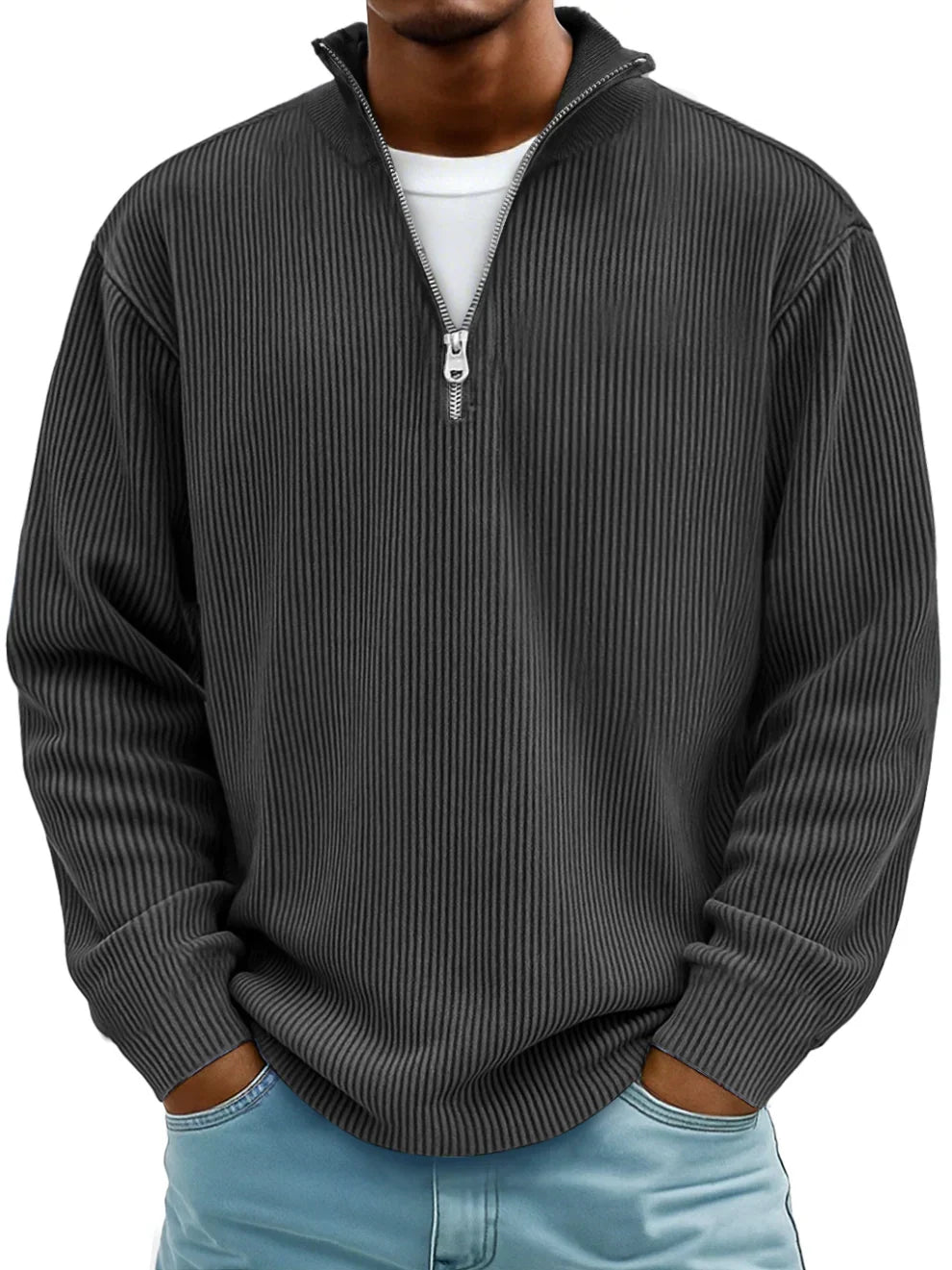 Herren Ripp Strickpullover mit Half-Zip – Pullover mit Stehkragen