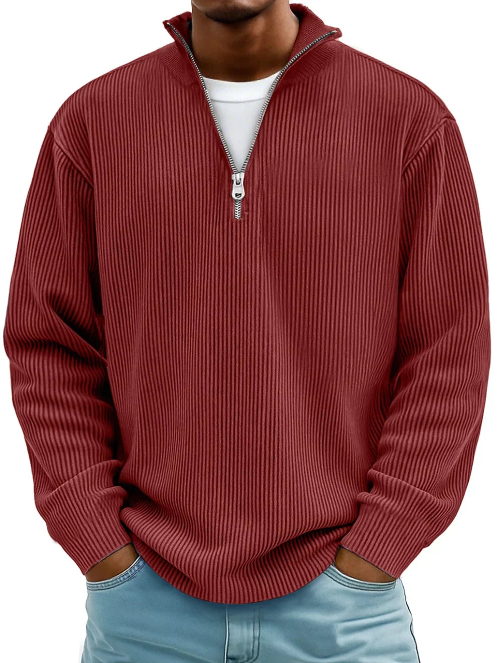 Herren Ripp Strickpullover mit Half-Zip – Pullover mit Stehkragen