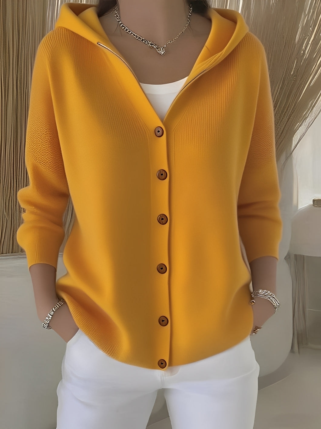 Damen Strickjacke mit Kapuze – Cardigan mit Knöpfen