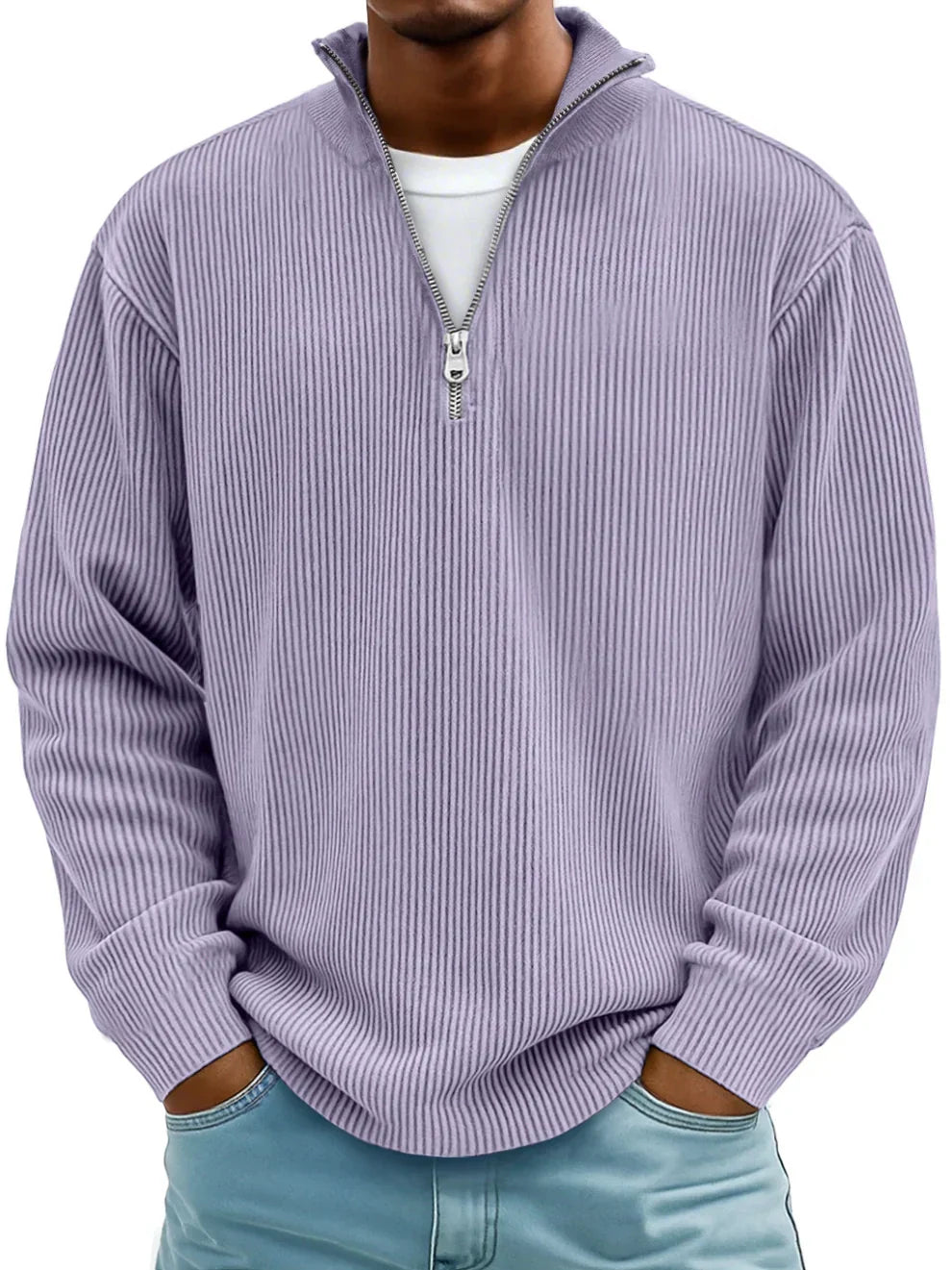 Herren Ripp Strickpullover mit Half-Zip – Pullover mit Stehkragen