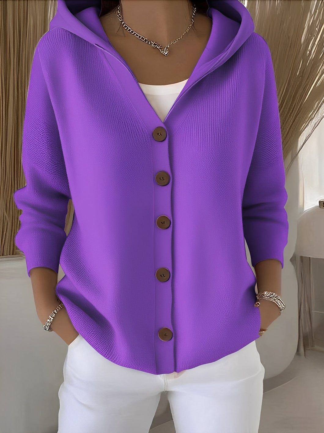Damen Strickjacke mit Kapuze – Cardigan mit Knöpfen