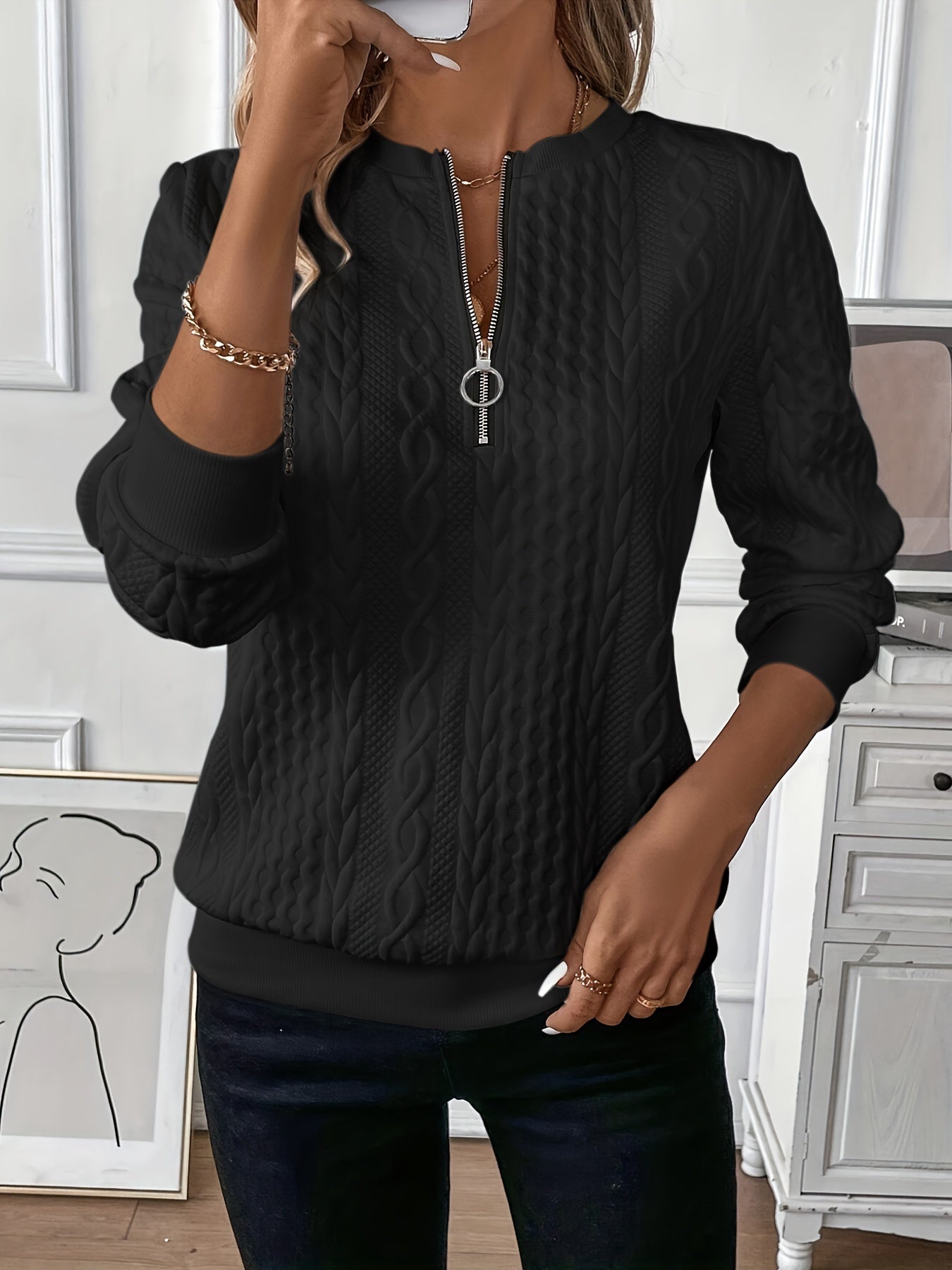 Damen Zopfmuster Pullover mit Reissverschluss – Strickpullover mit Stehkragen