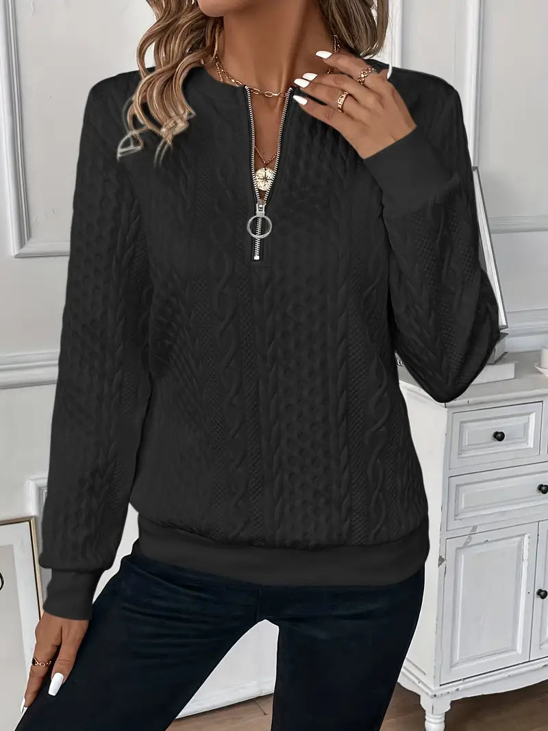Damen Zopfmuster Pullover mit Reissverschluss – Strickpullover mit Stehkragen