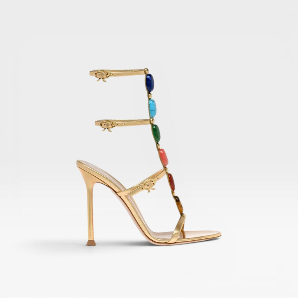 Damen Farbstein-Absätze – Eleganter goldener Riemchen-Stiletto für Partys und besondere Anlässe