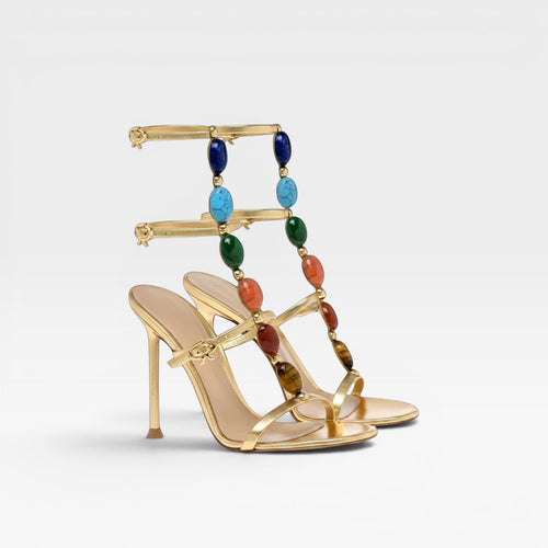 Damen Farbstein-Absätze – Eleganter goldener Riemchen-Stiletto für Partys und besondere Anlässe