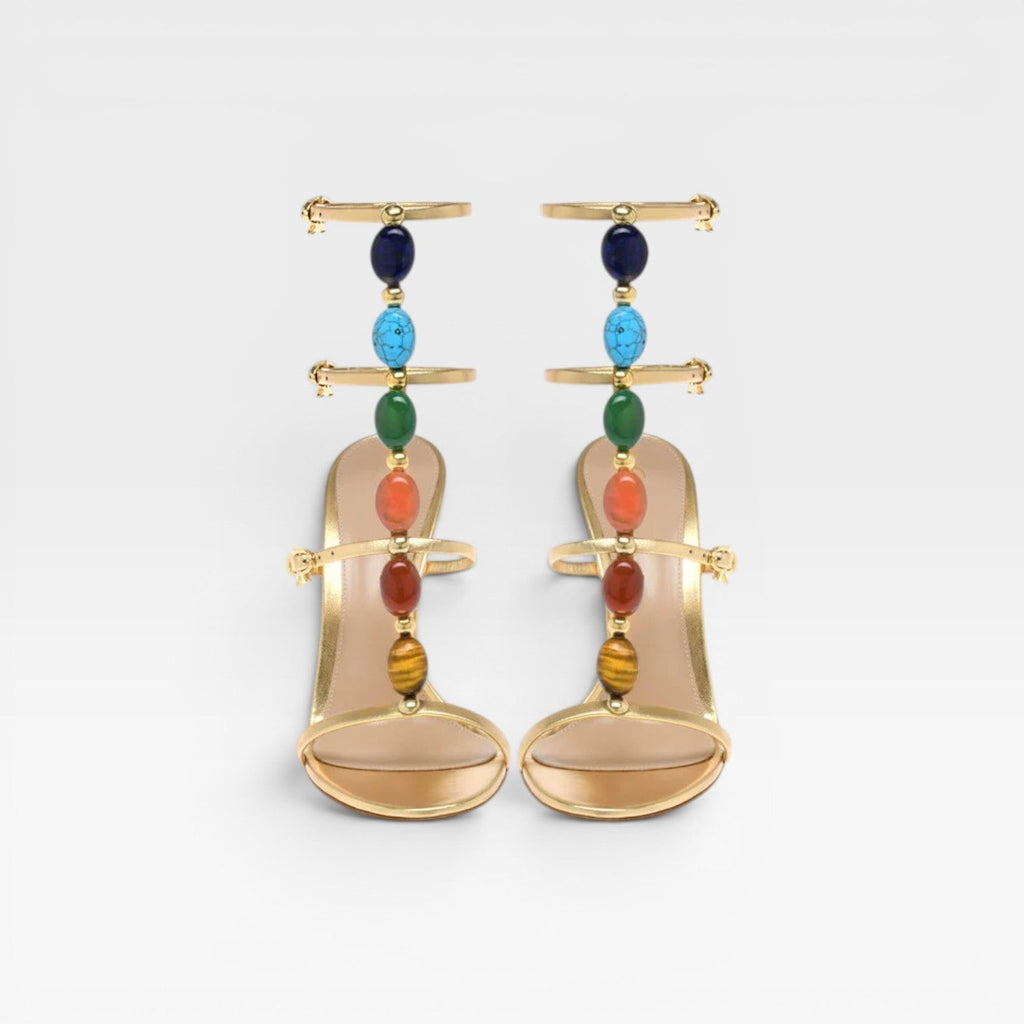 Damen Farbstein-Absätze – Eleganter goldener Riemchen-Stiletto für Partys und besondere Anlässe