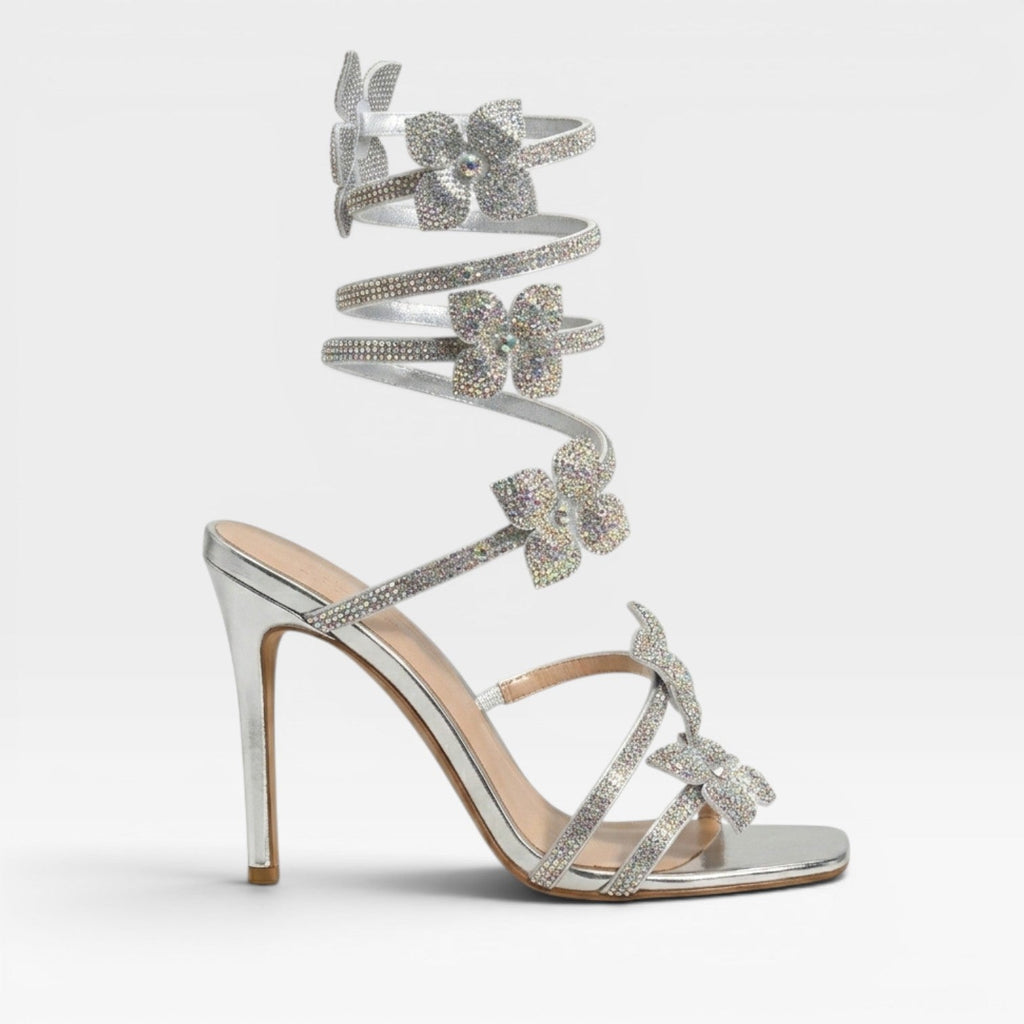 Damen Kristallblumen Absätze – Riemchen Knöchel Wrap Quadratzehen Partysandalen