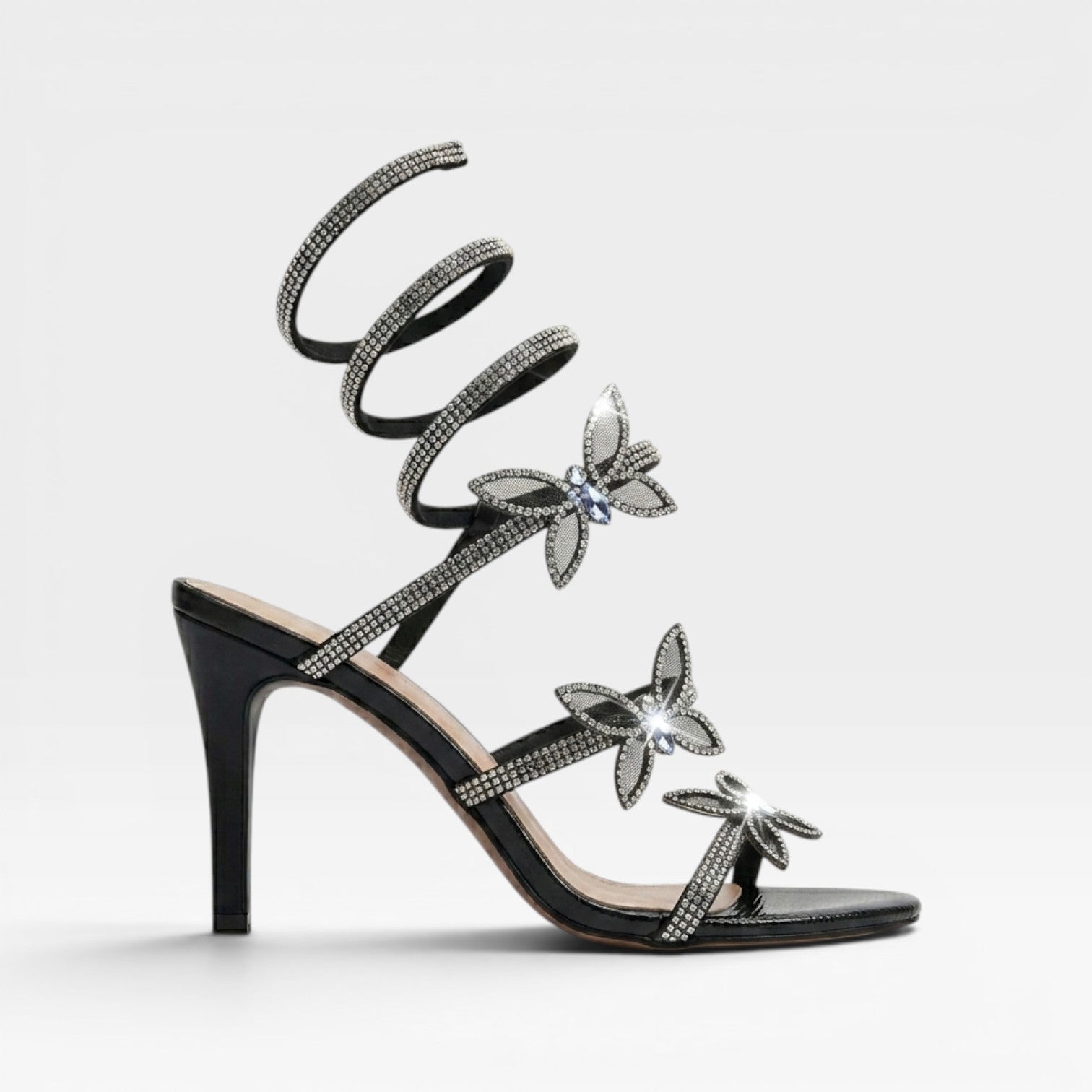 Damen Kristall Schmetterling Spiralabsätze – Umwickelte Knöchel Stiletto Party Sandalen