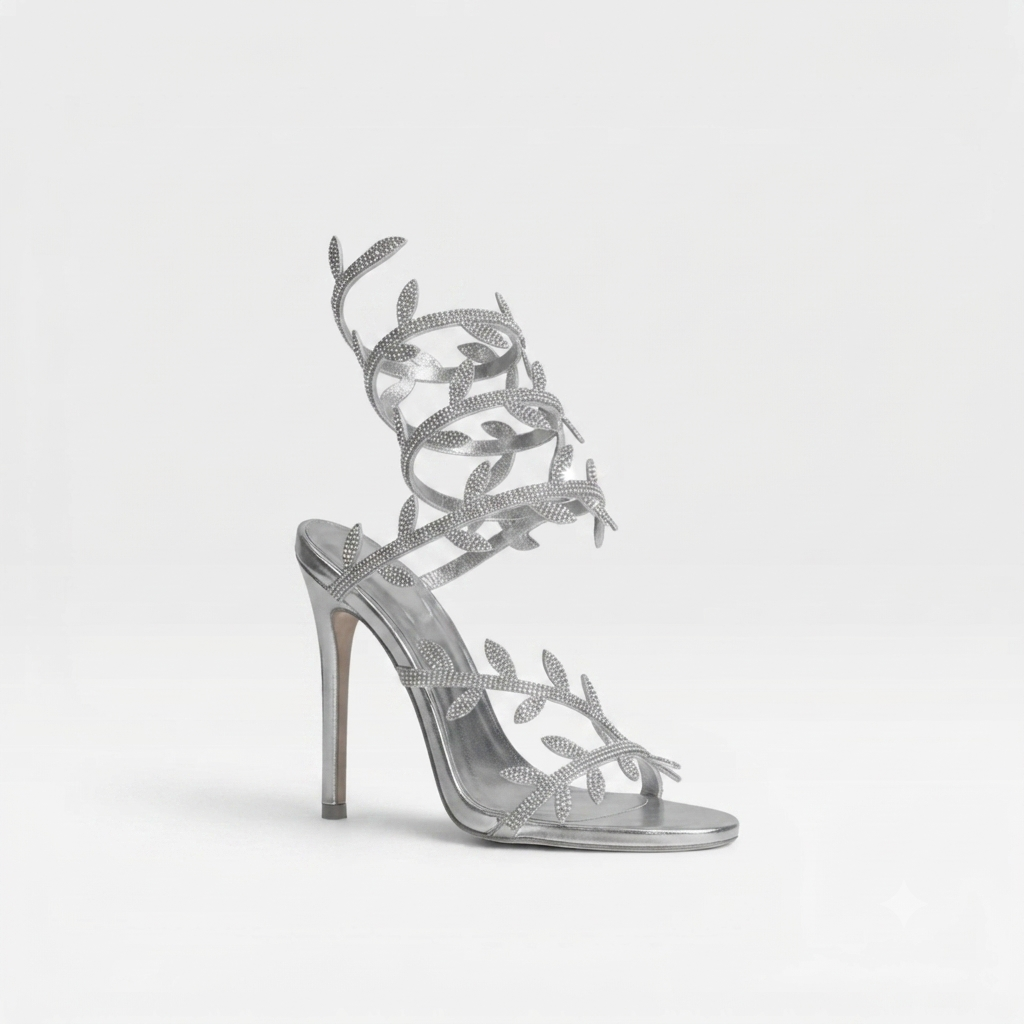 Damen Kristallblatt Absätze – Elegante Wickel-Ankle-Stilettosandalen für besondere Anlässe