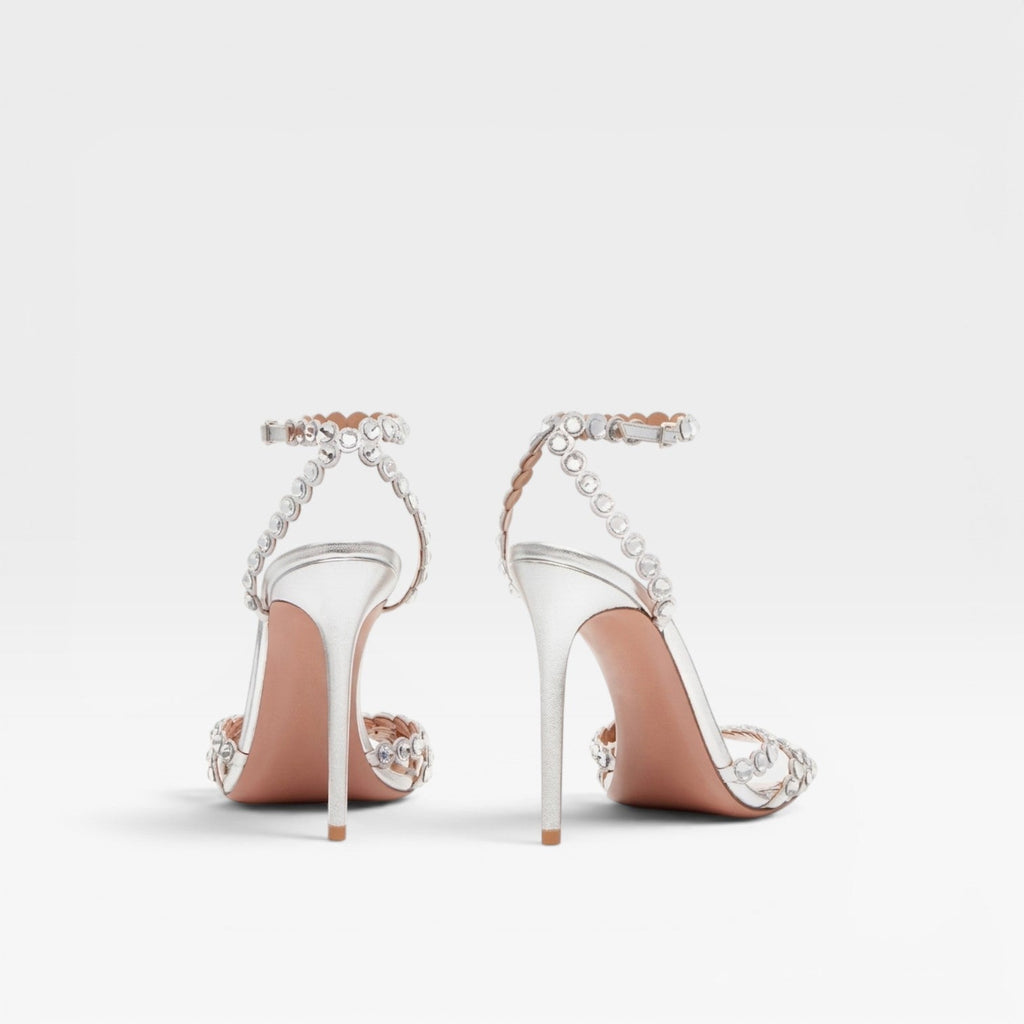 Damen Kristall Schmuck Absätze – Elegante Metallic Silber Riemchen Stiletto für Hochzeitsgäste und besondere Anlässe