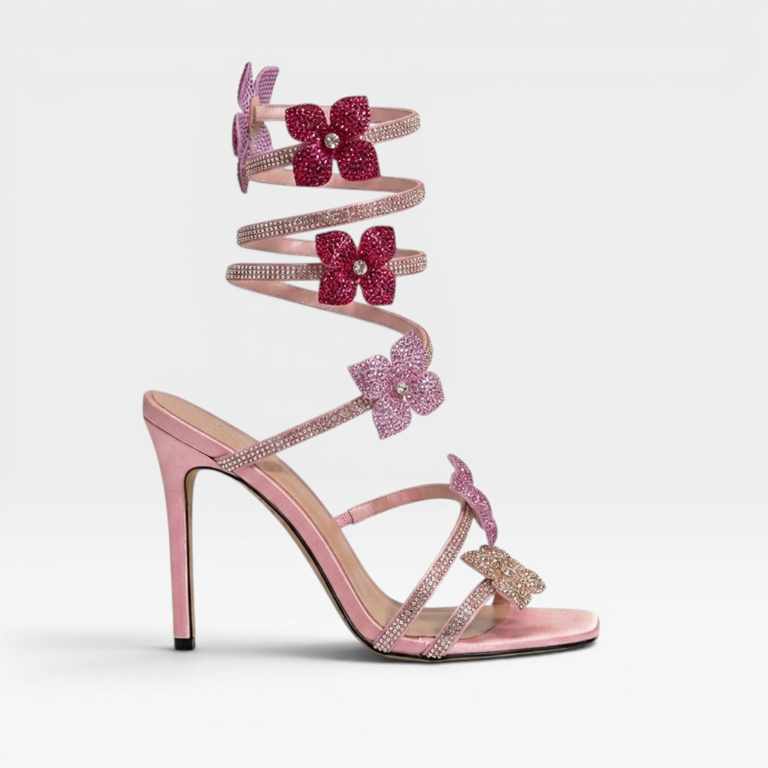 Damen Kristallblumen Absätze – Riemchen Knöchel Wrap Quadratzehen Partysandalen