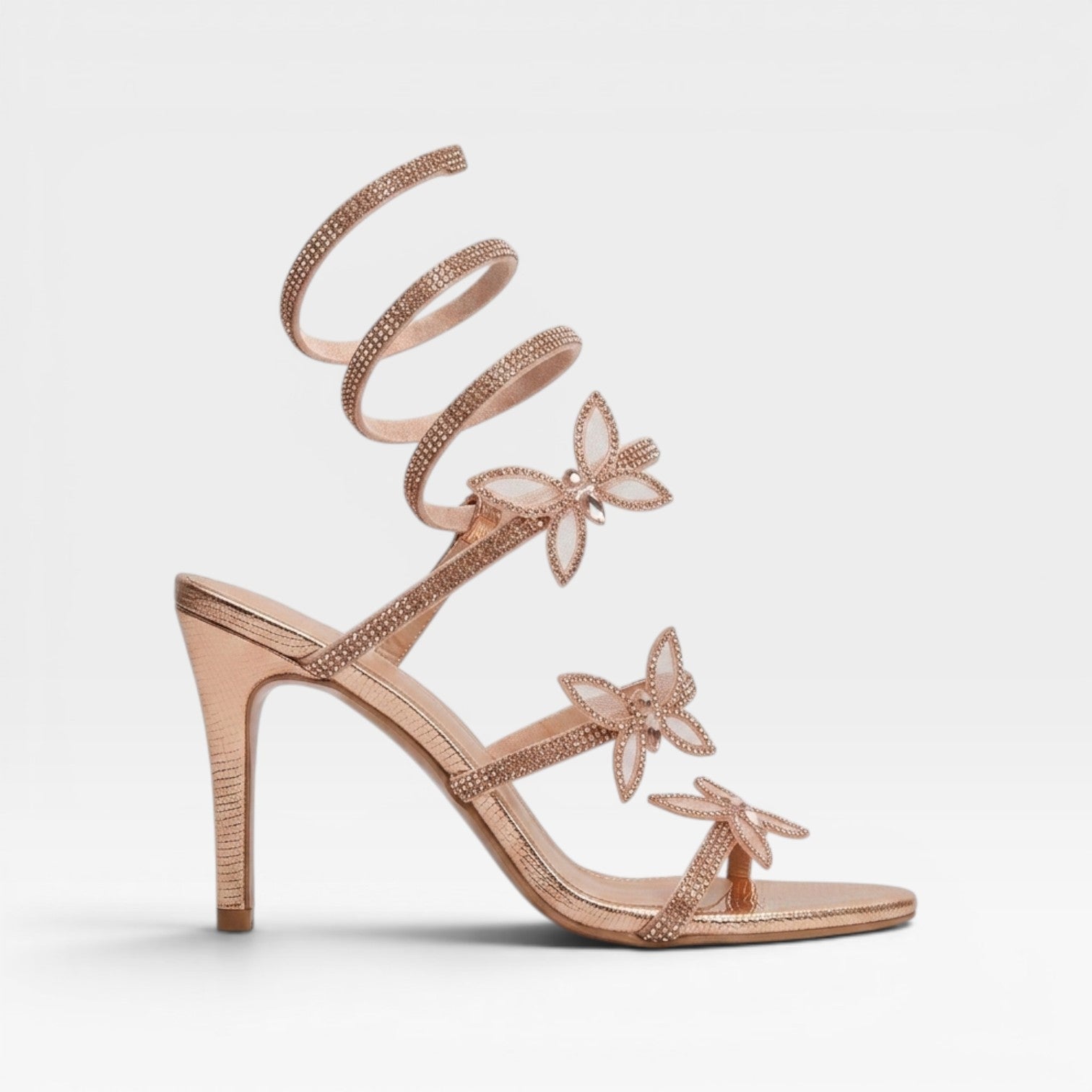Damen Kristall Schmetterling Spiralabsätze – Umwickelte Knöchel Stiletto Party Sandalen