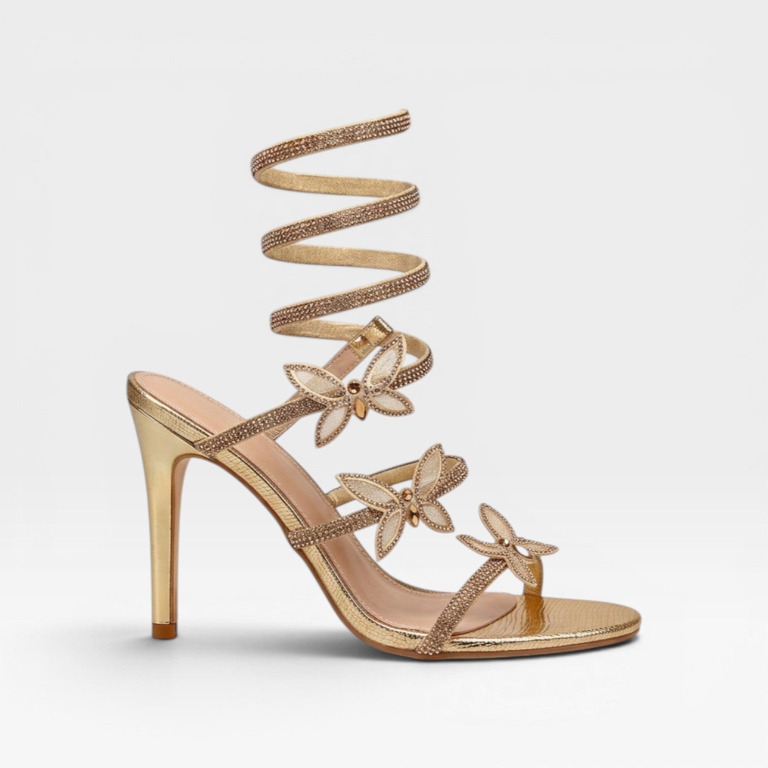 Damen Kristall Schmetterling Spiralabsätze – Umwickelte Knöchel Stiletto Party Sandalen
