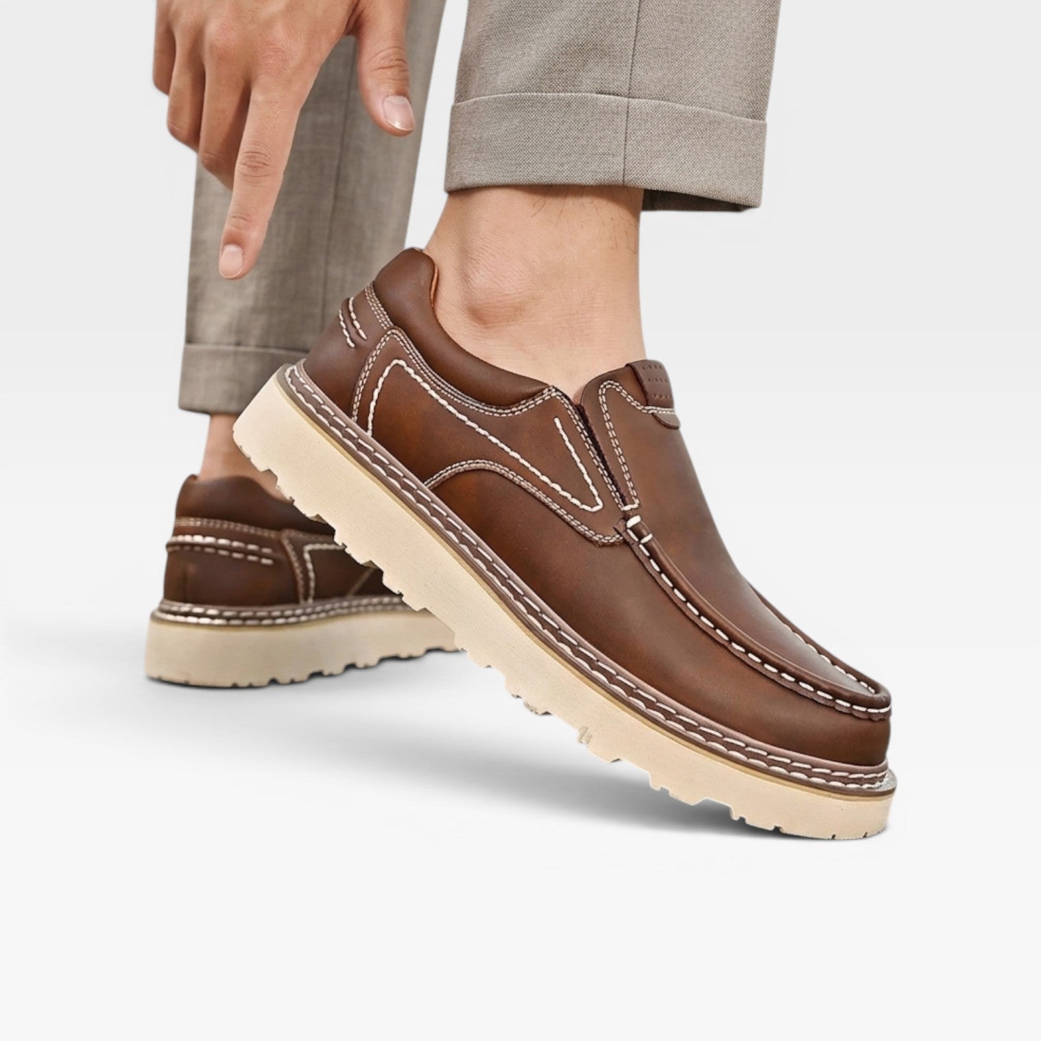 Herren Echtleder Slipper – Handgenähte Freizeit Schuhe mit Großer Sohle