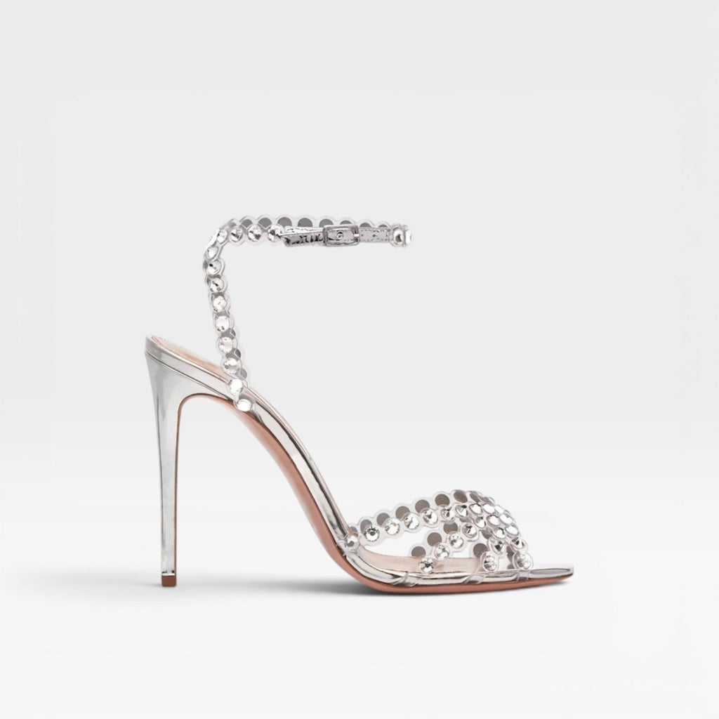 Damen Kristall Schmuck Absätze – Elegante Metallic Silber Riemchen Stiletto für Hochzeitsgäste und besondere Anlässe