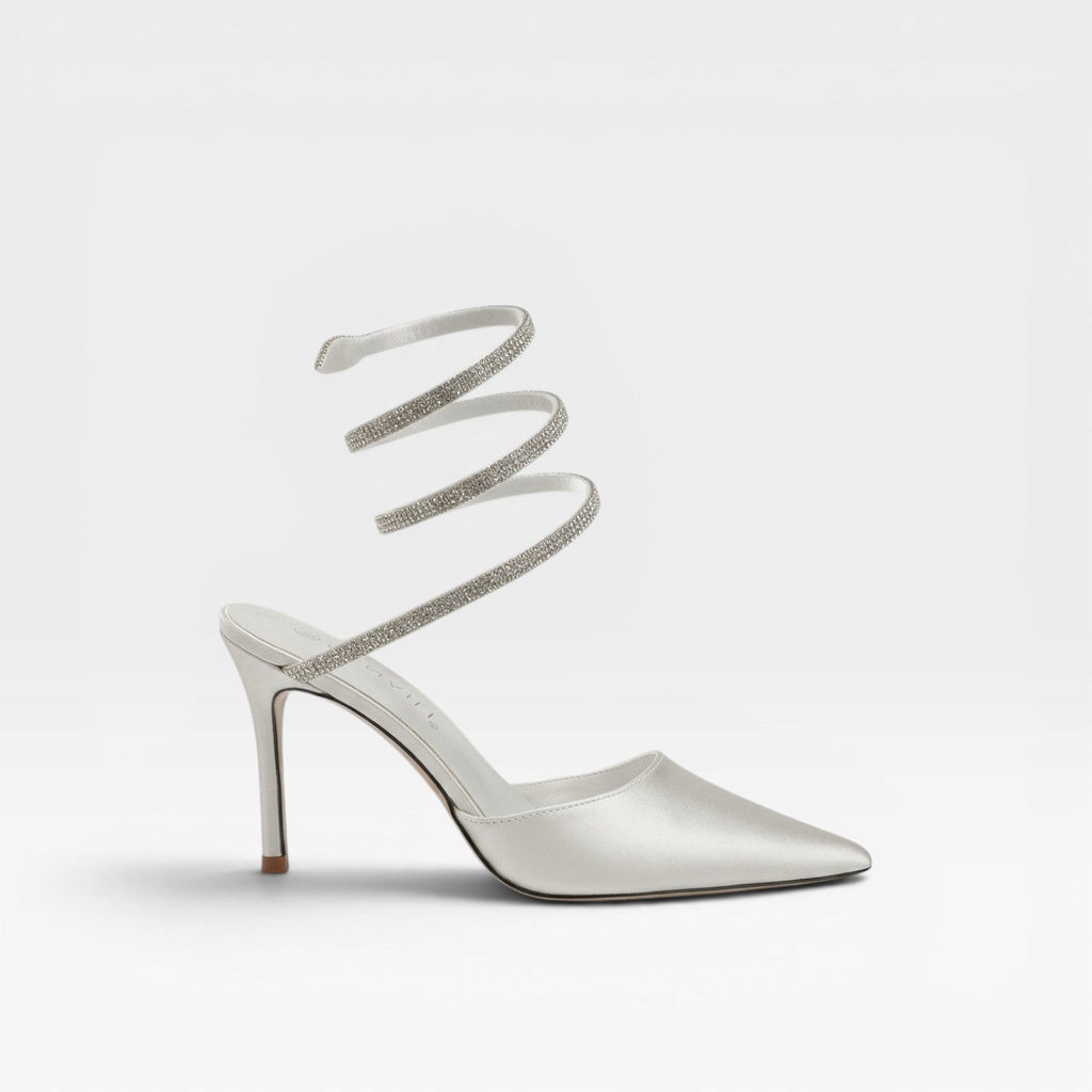 Damen Kristall Knöchel Wickelabsätze – Spitz zulaufende Satin Stiletto Pumps für besondere Anlässe