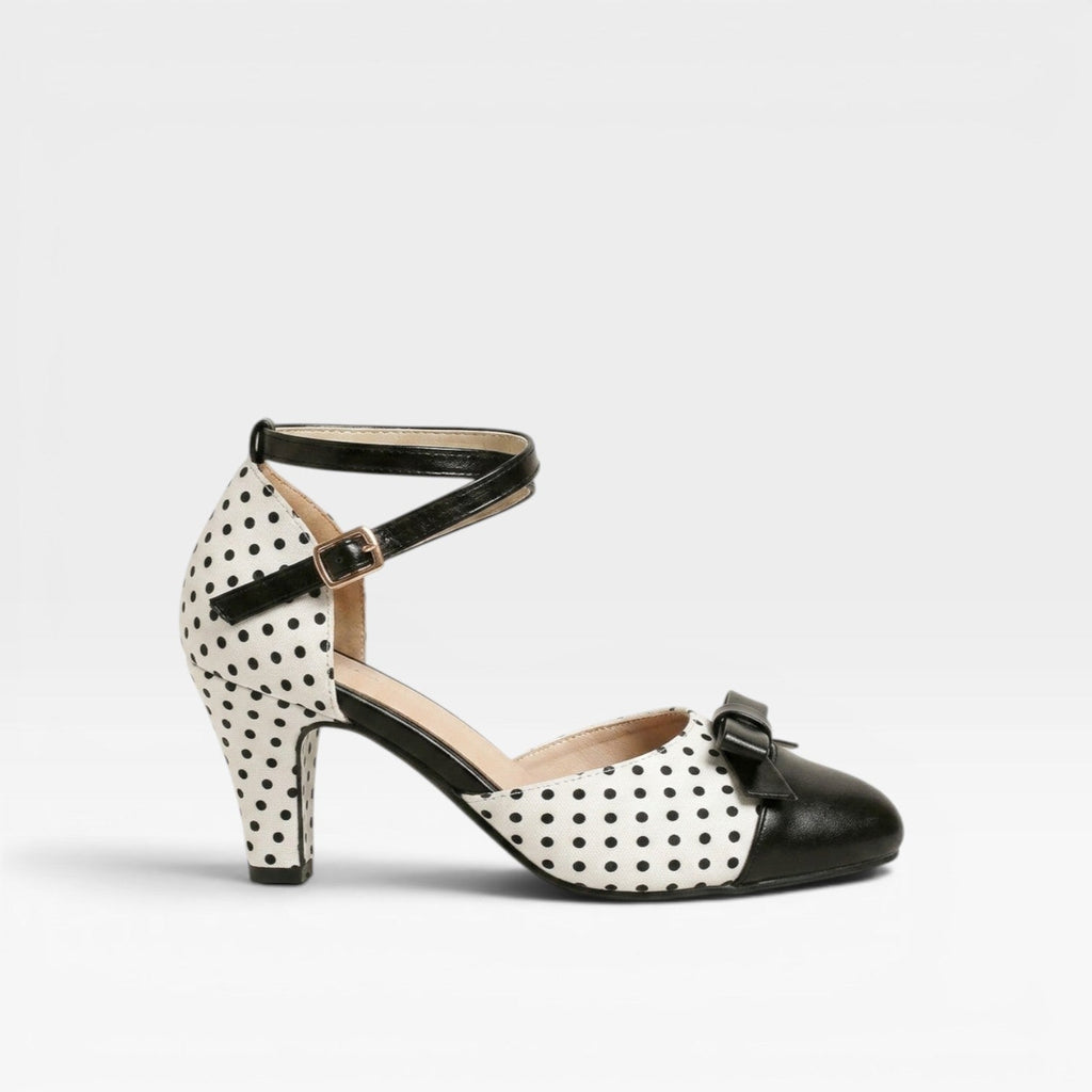 Damen Vintage Polka Dot Pumps – Elegante Knöchelriemen mit Schleifendetail und Blockabsätzen für Partys und besondere Anlässe