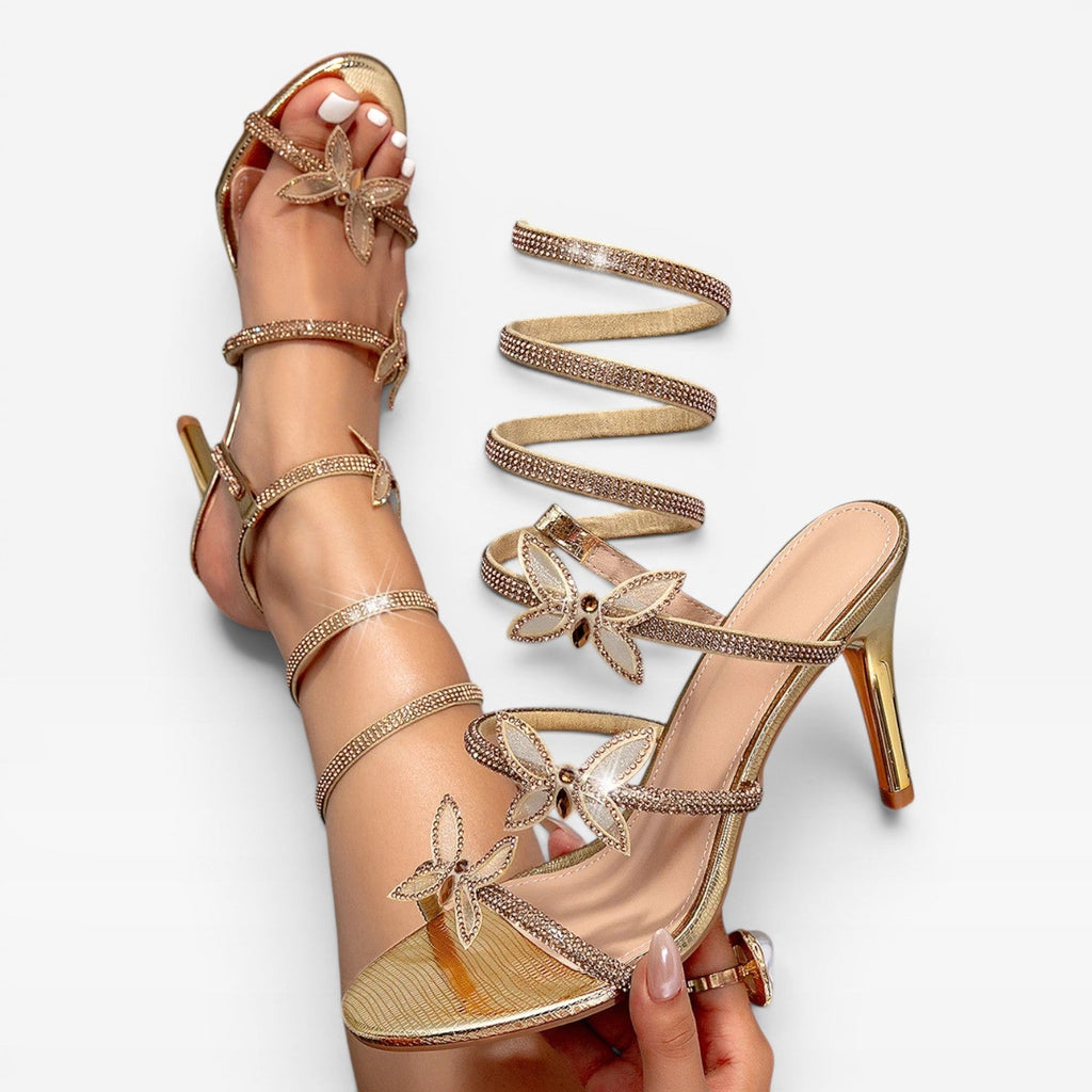 Damen Kristall Schmetterling Spiralabsätze – Umwickelte Knöchel Stiletto Party Sandalen