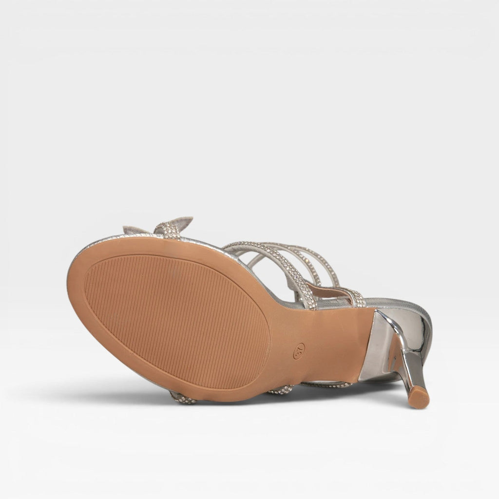 Damen Kristall Schmetterling Spiralabsätze – Umwickelte Knöchel Stiletto Party Sandalen